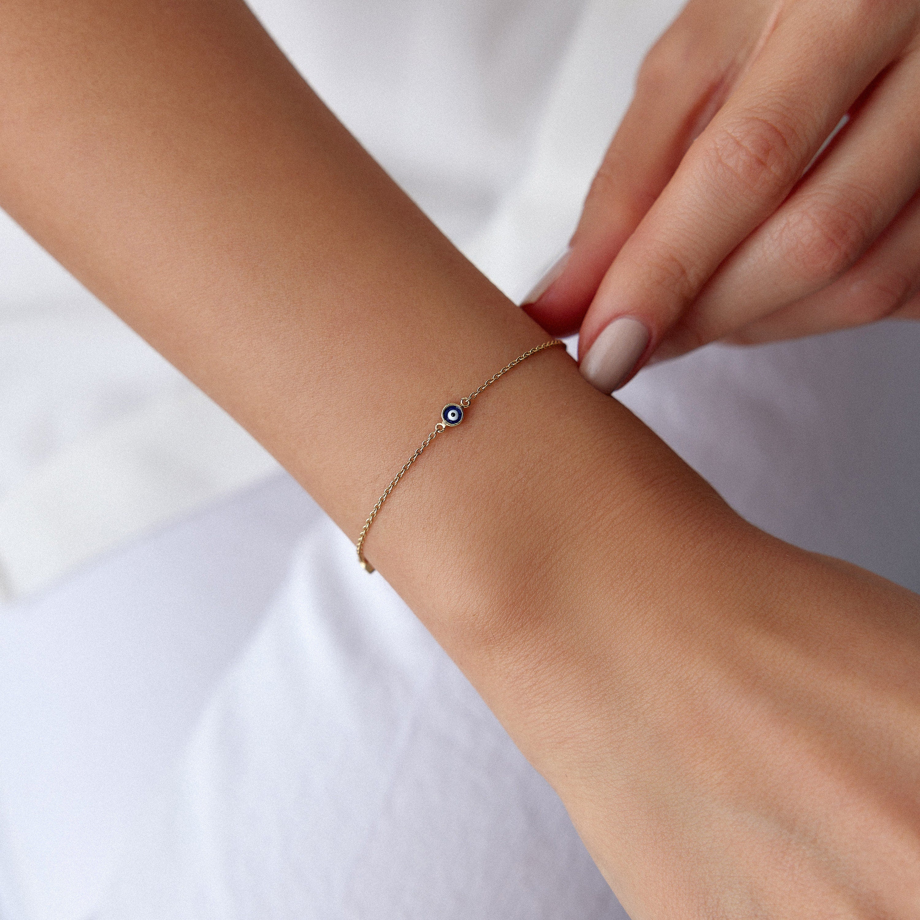 Three Evil Eye Bracelet in 14K Gold, Available in Navy Blue and Turquoise Color