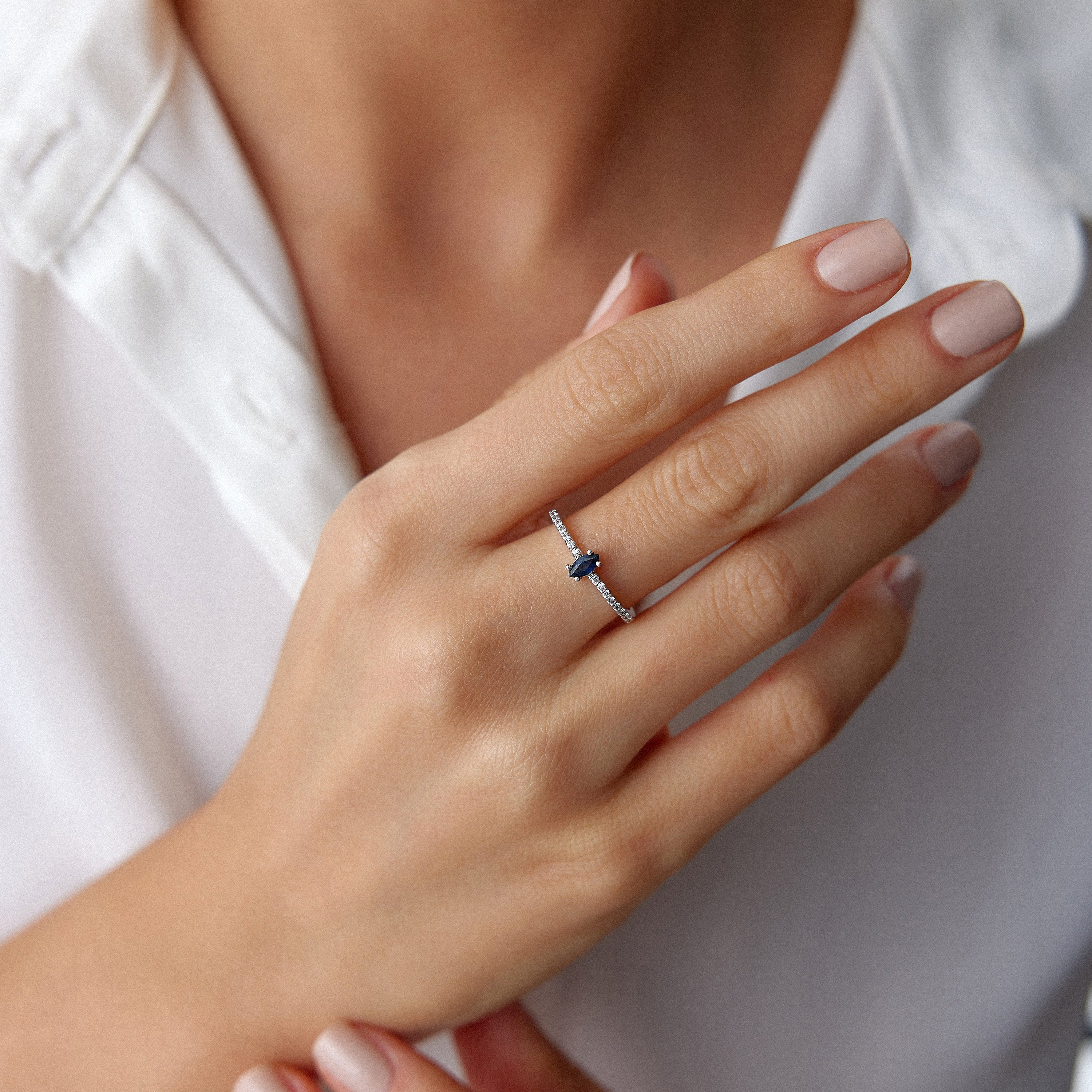 Marquise Cut Sapphire and Diamond Half Eternity Ring in 14K Gold