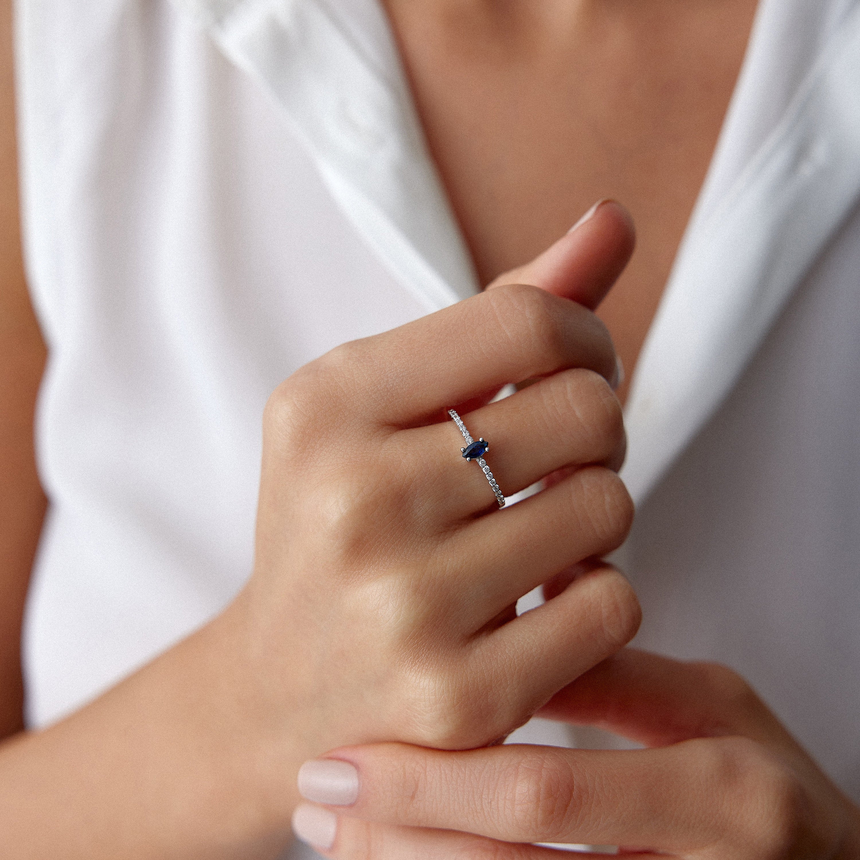 Marquise Cut Sapphire and Diamond Half Eternity Ring in 14K Gold