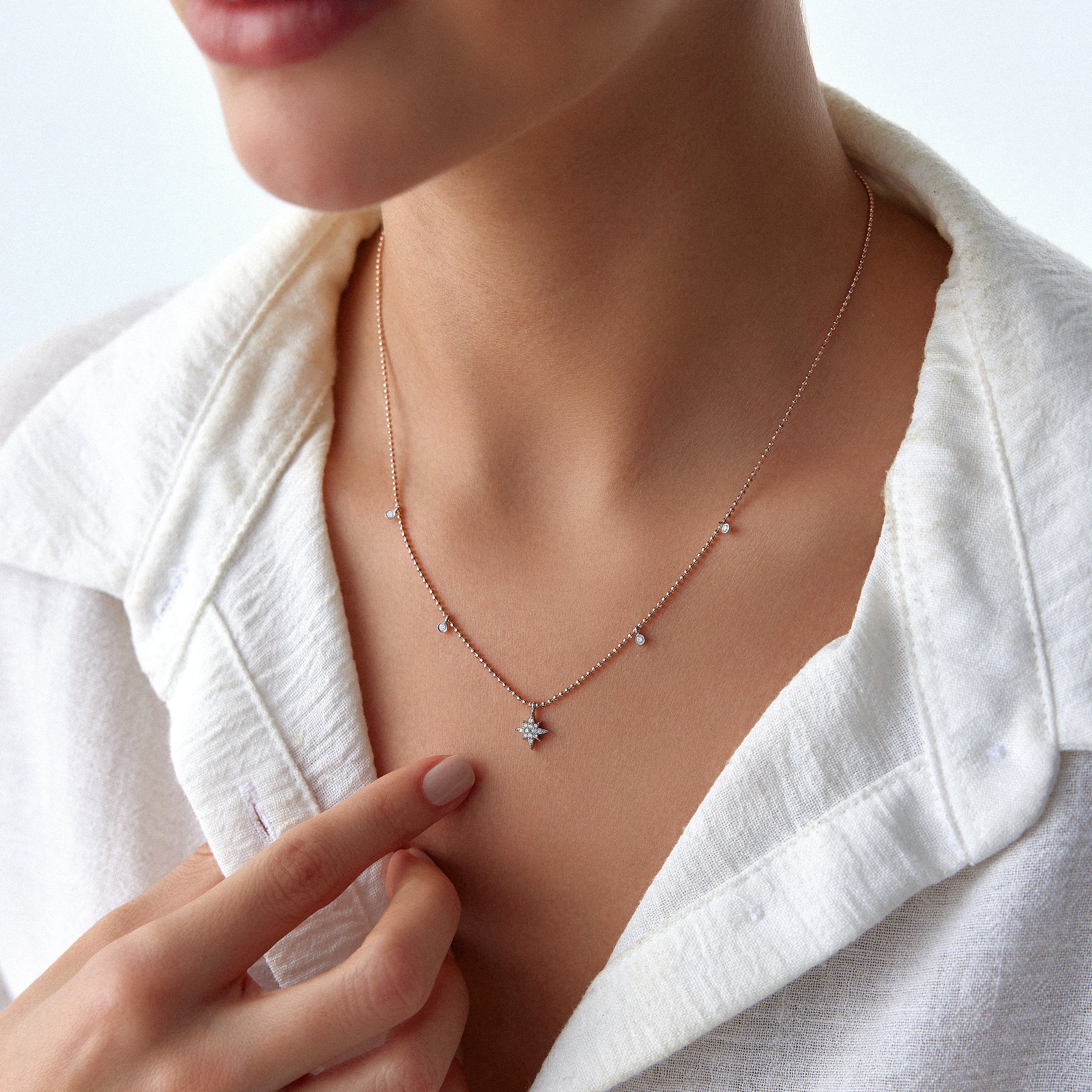 Ball Chain Diamond North Star Station Necklace