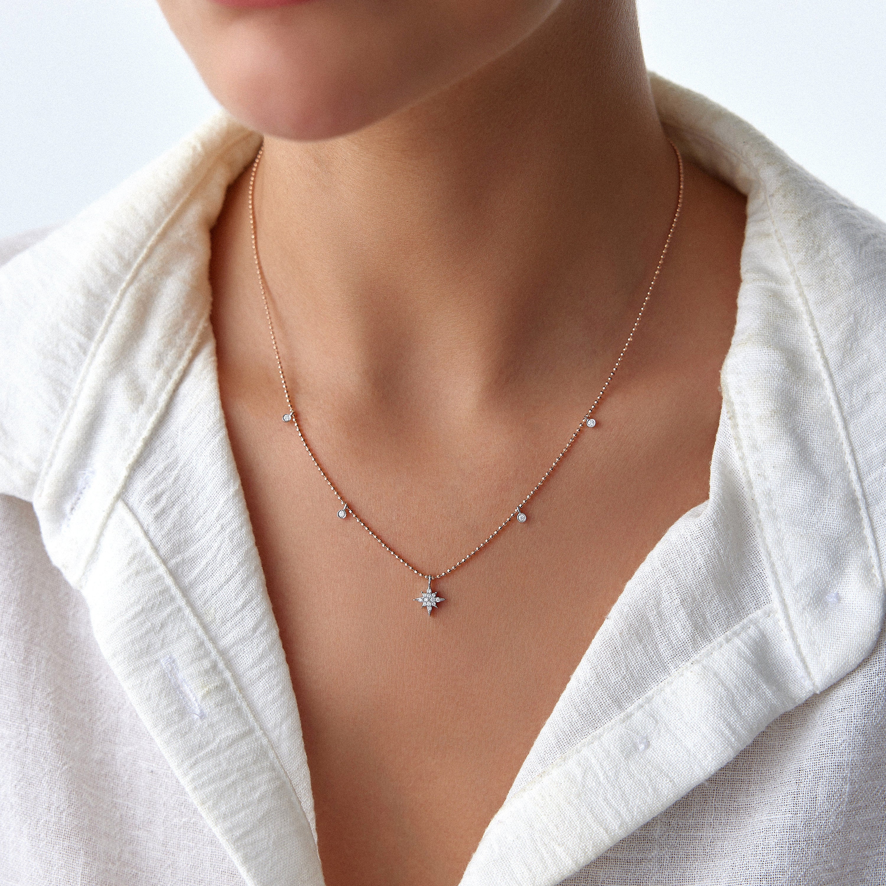 Ball Chain Diamond North Star Station Necklace