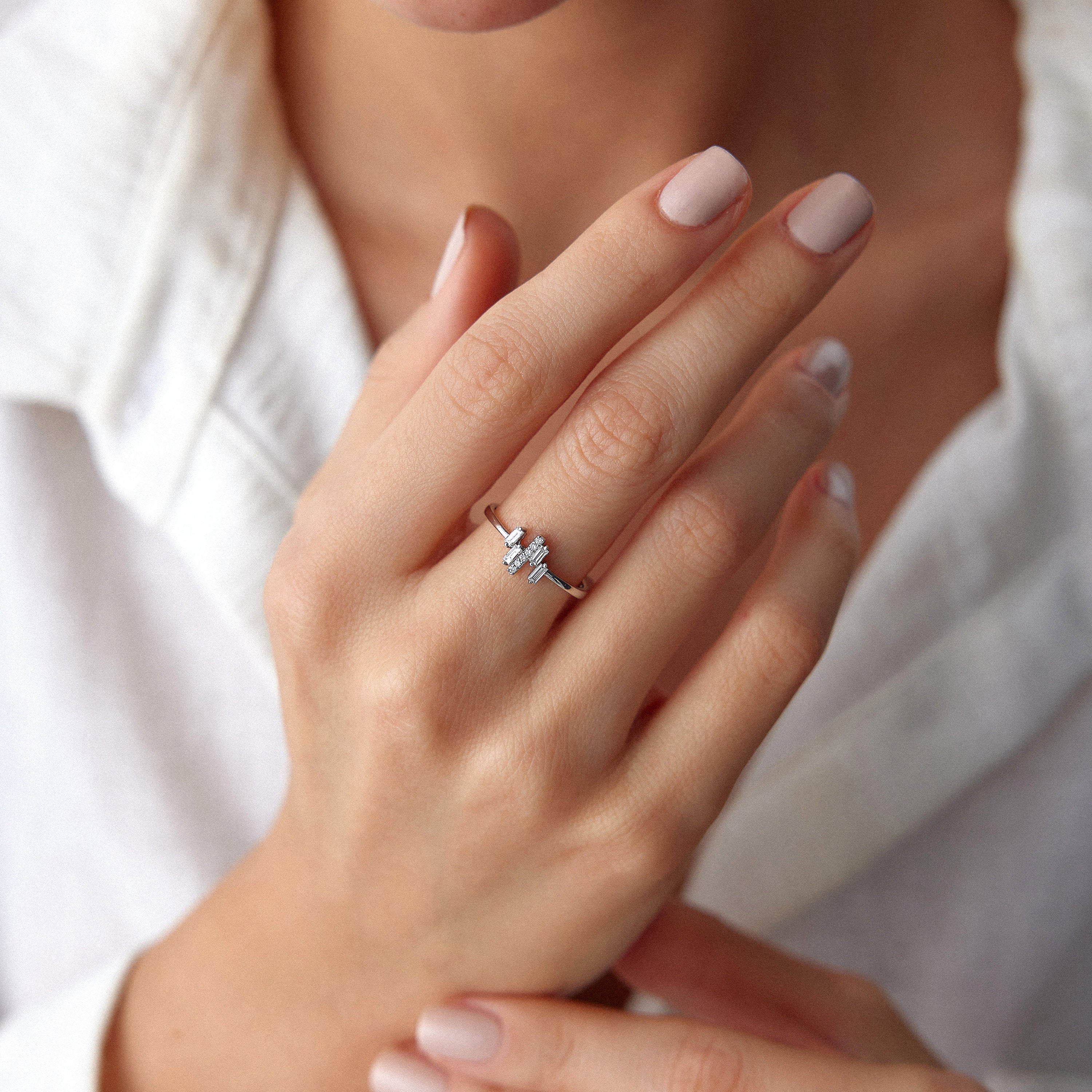 Dainty Baguette and Round Cut Diamond Ring in 14K Gold