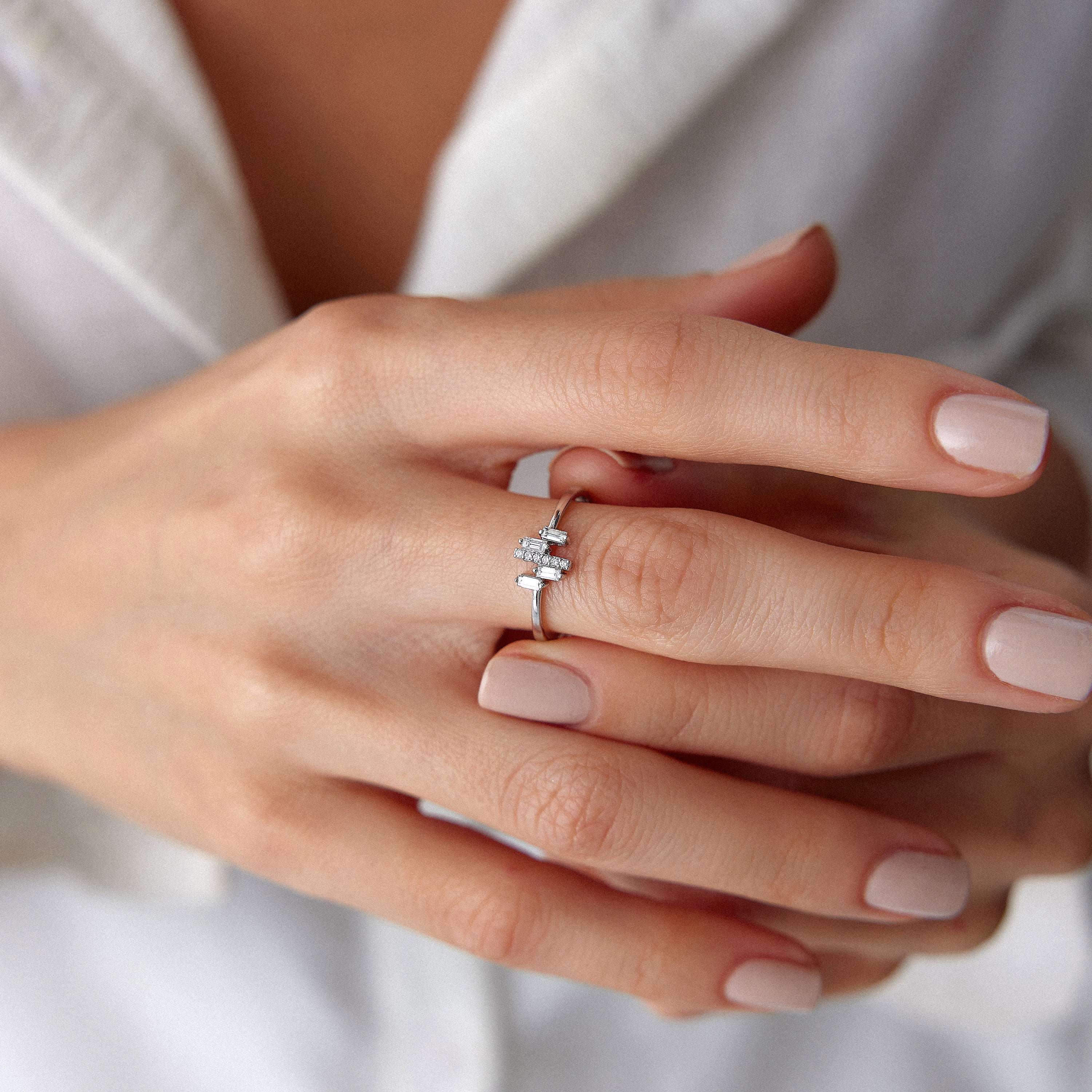 Dainty Baguette and Round Cut Diamond Ring in 14K Gold