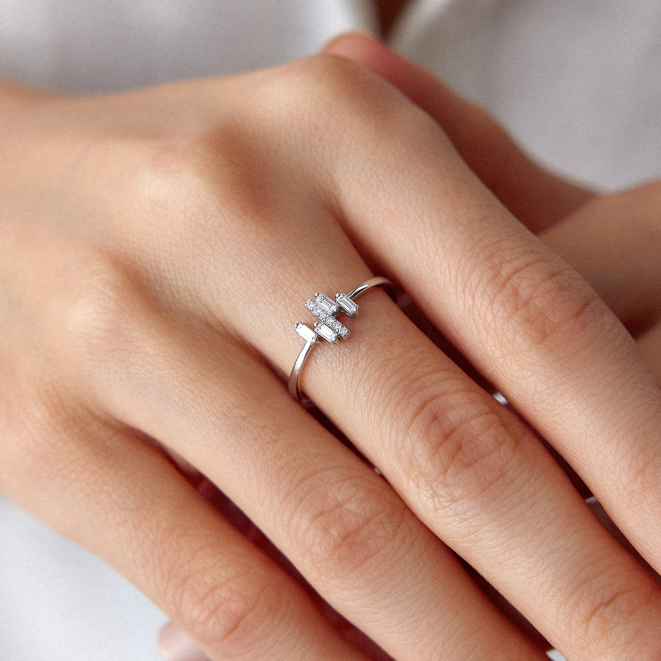 Dainty Baguette and Round Cut Diamond Ring in 14K Gold