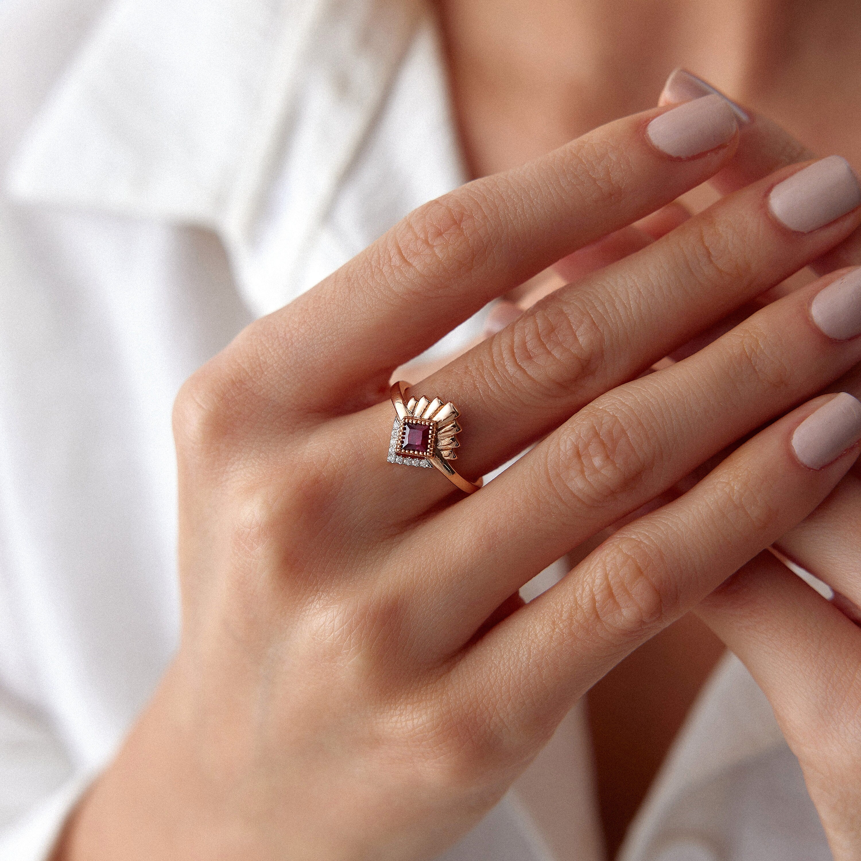Princess Cut Ruby and Diamond Ring in 14K Gold
