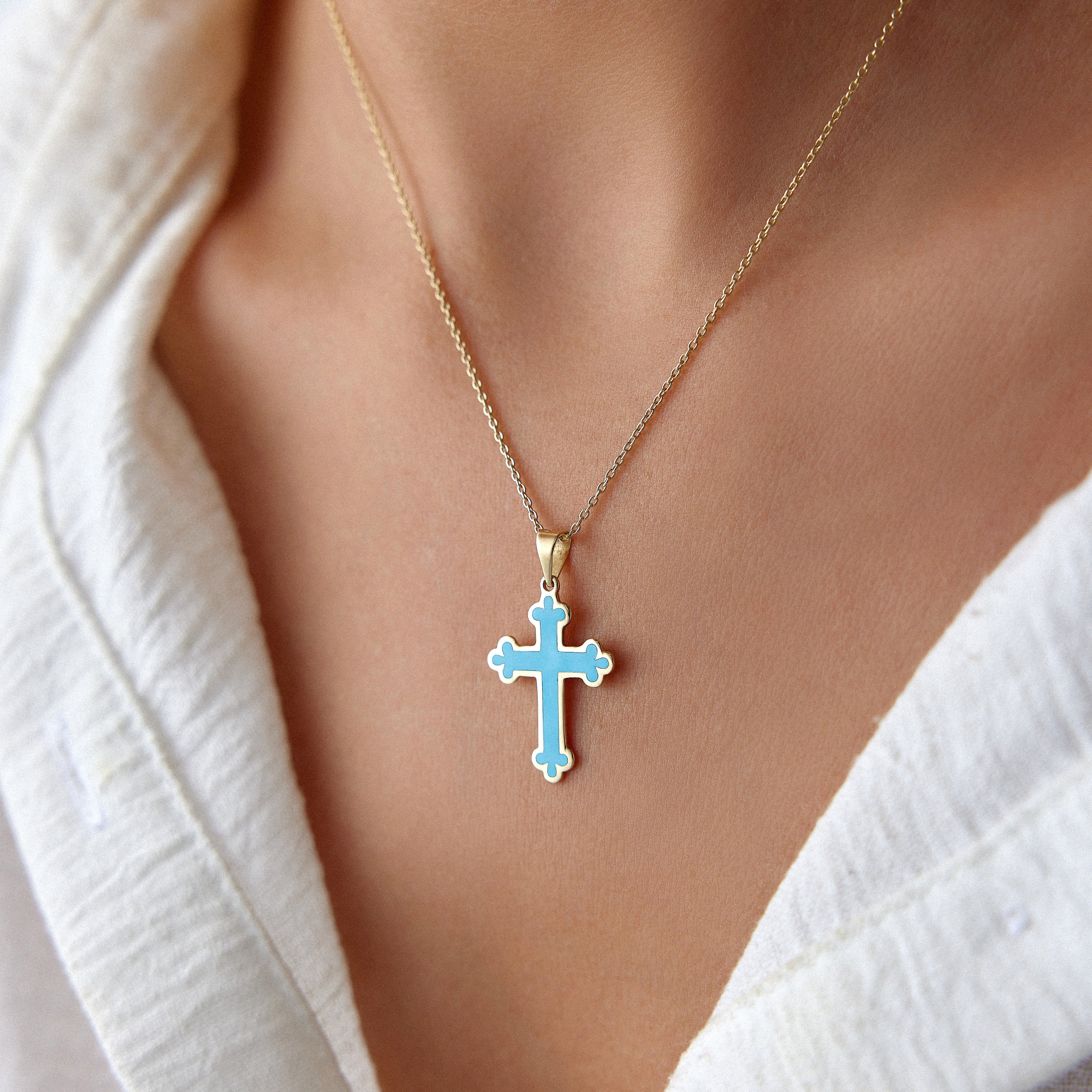 Ocean Blue Cross Pendant In 14K Gold