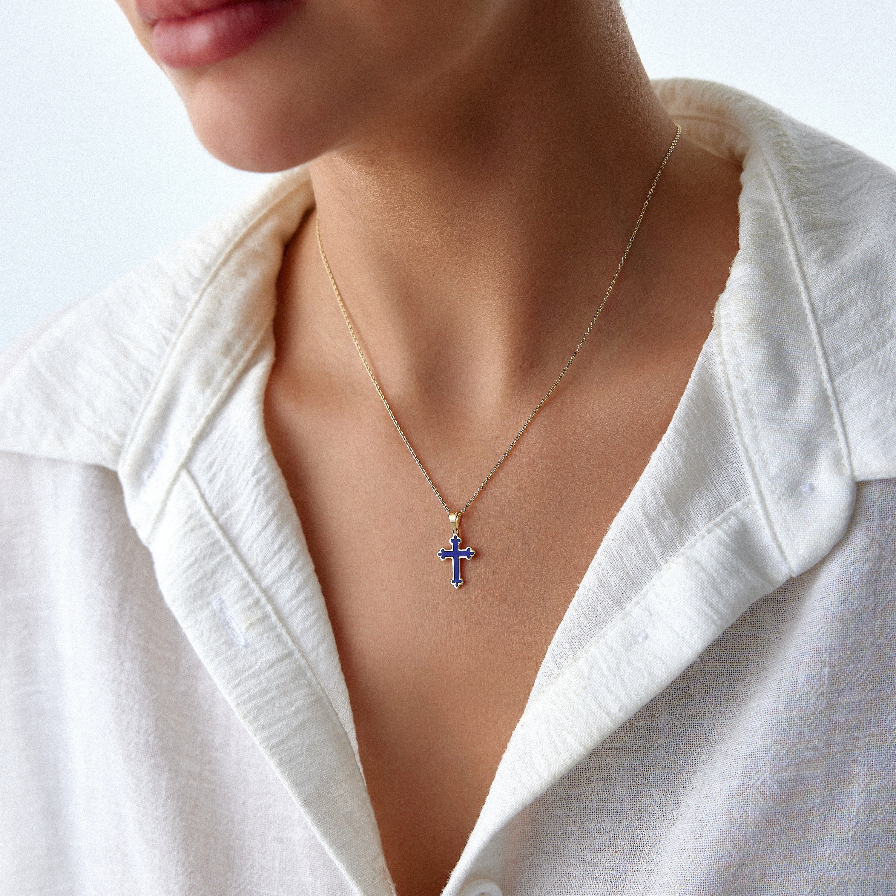 Small Navy Blue Cross Charm in 14K Gold