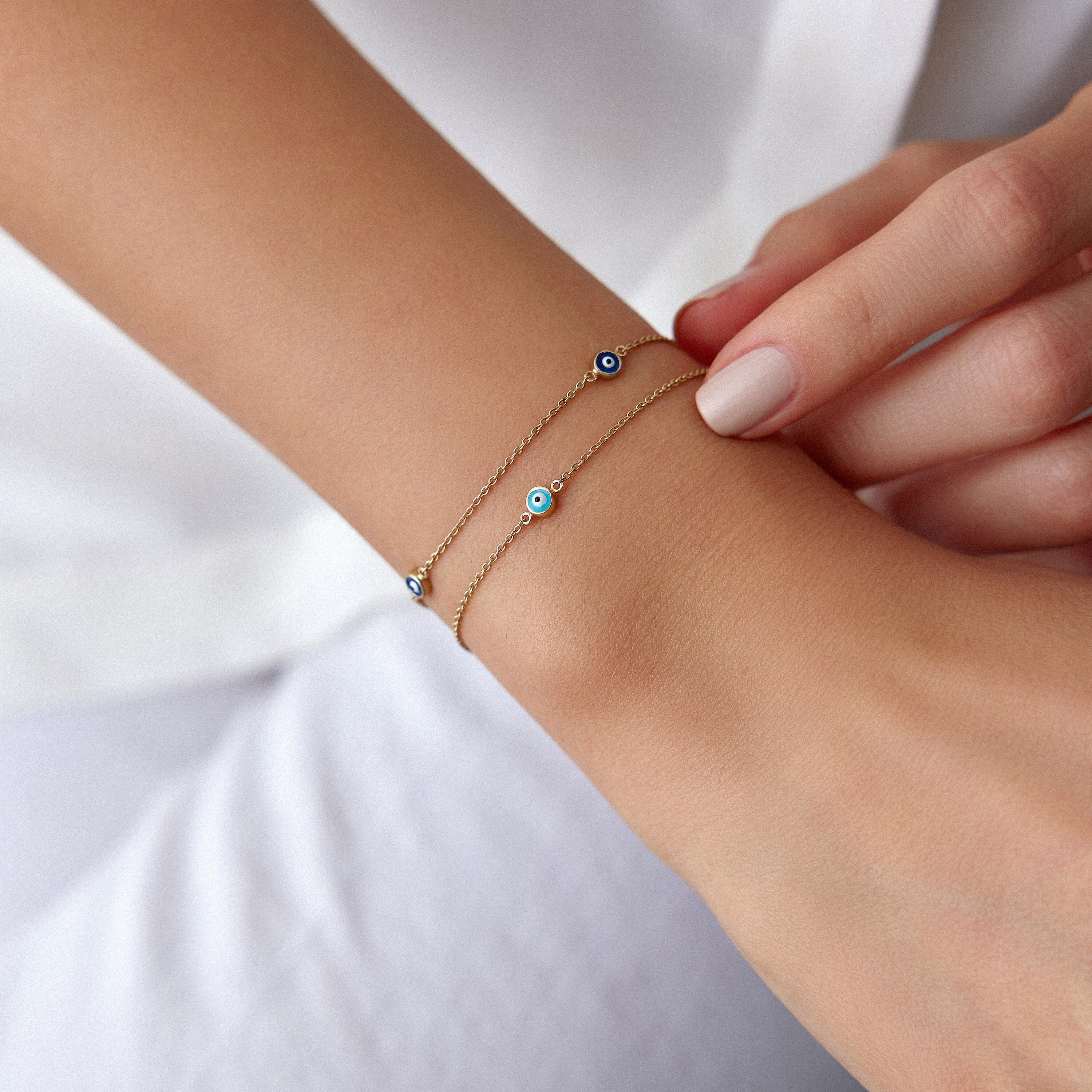 Three Evil Eye Bracelet in 14K Gold, Available in Navy Blue and Turquoise Color