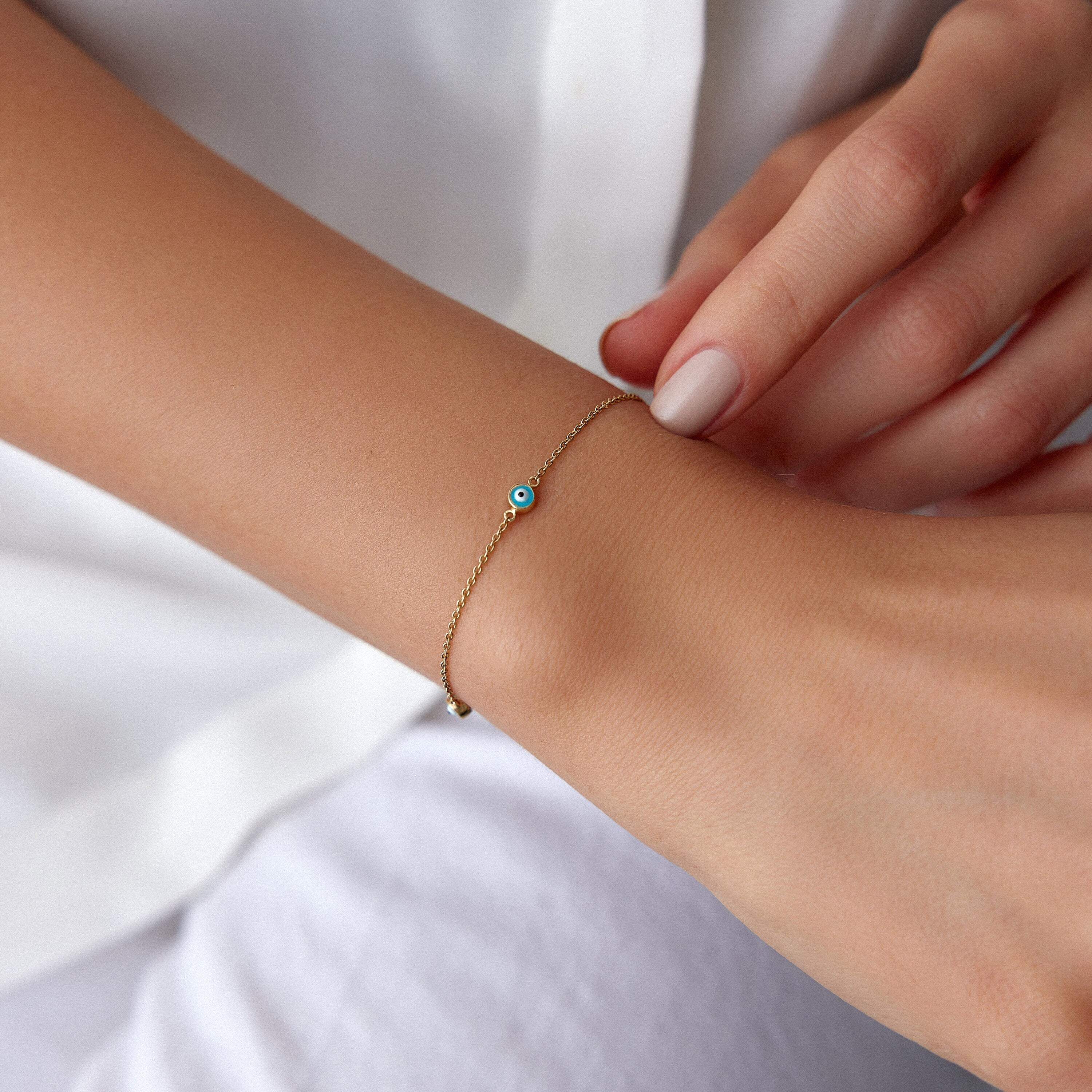 Three Evil Eye Bracelet in 14K Gold, Available in Navy Blue and Turquoise Color