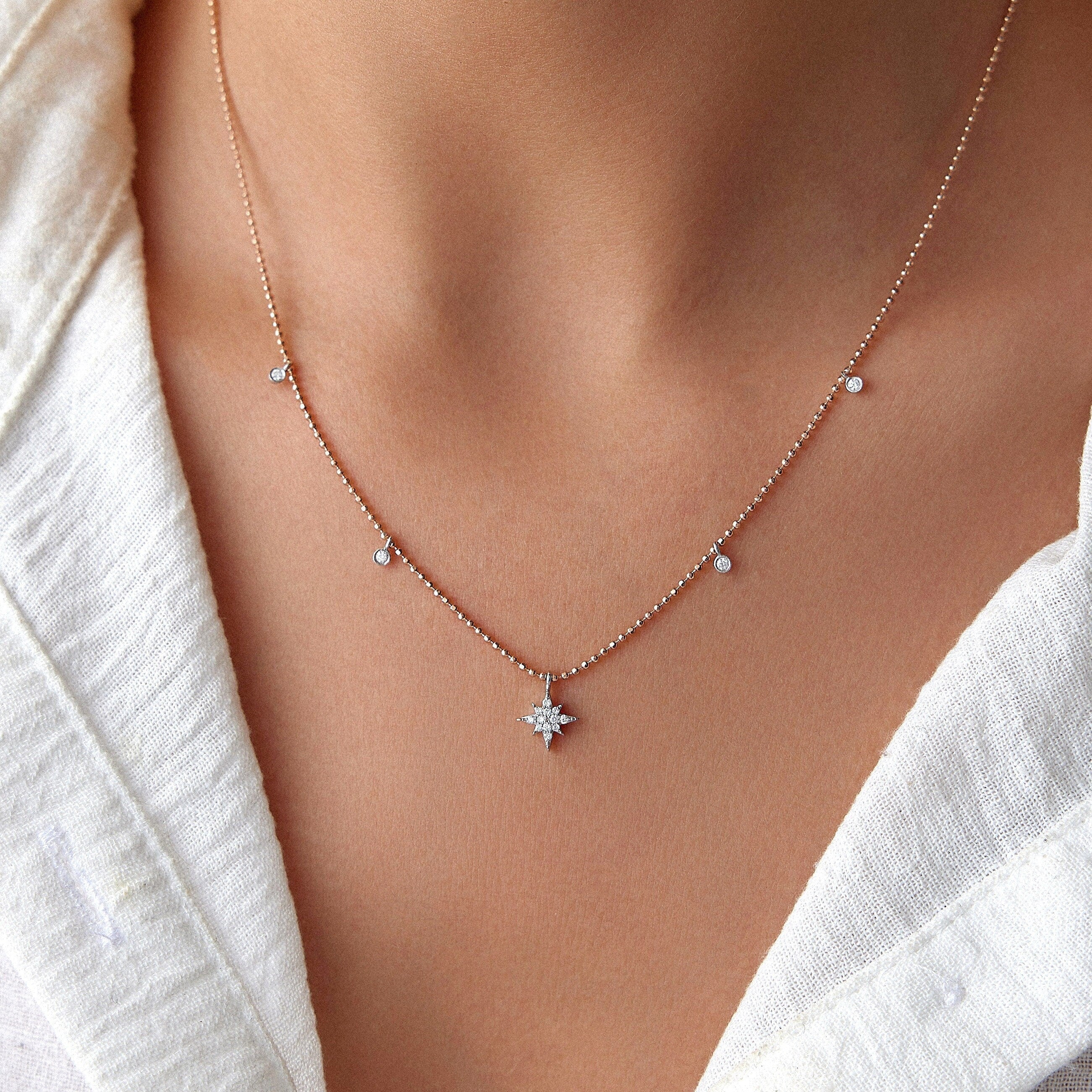 Ball Chain Diamond North Star Station Necklace