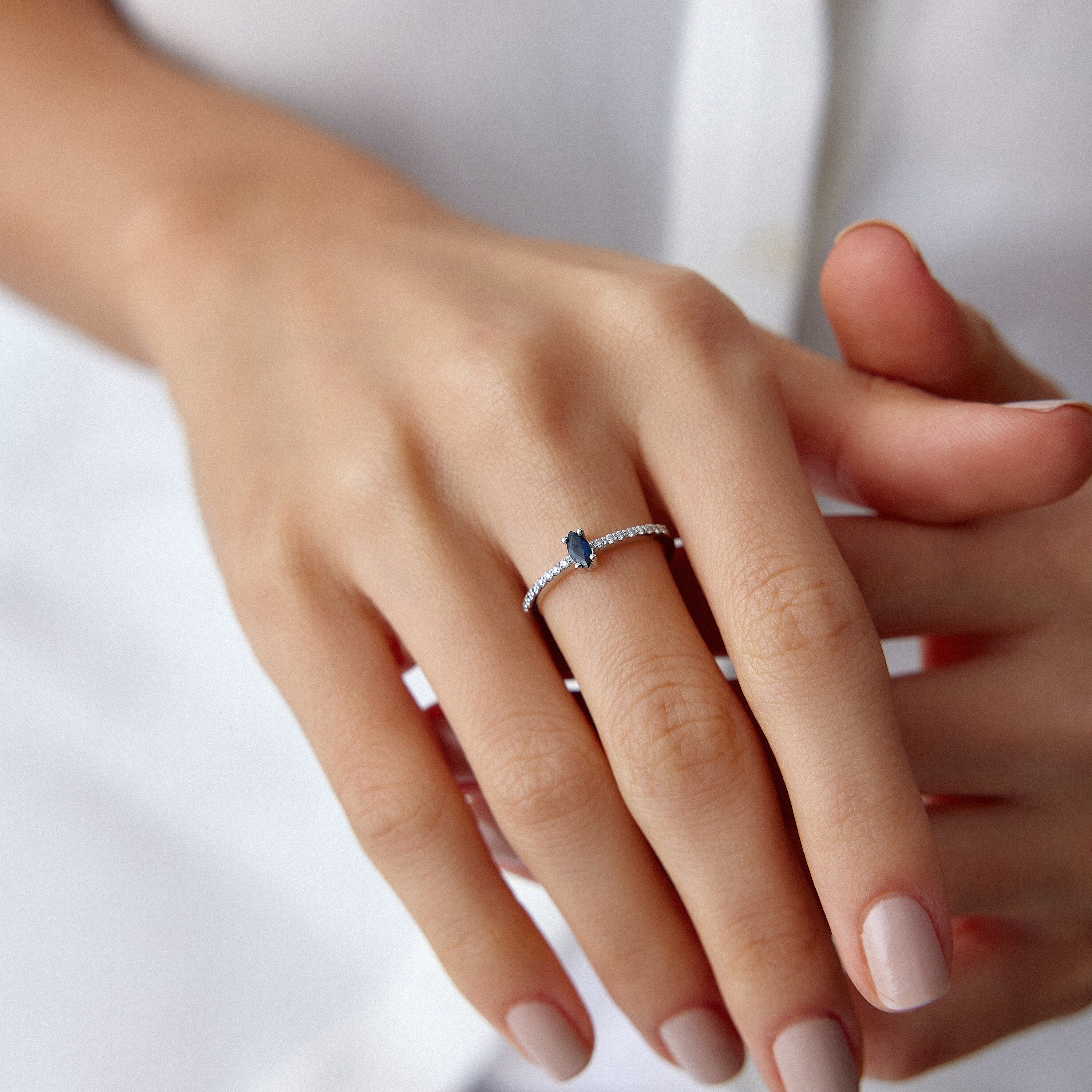 Marquise Cut Sapphire and Diamond Half Eternity Ring in 14K Gold