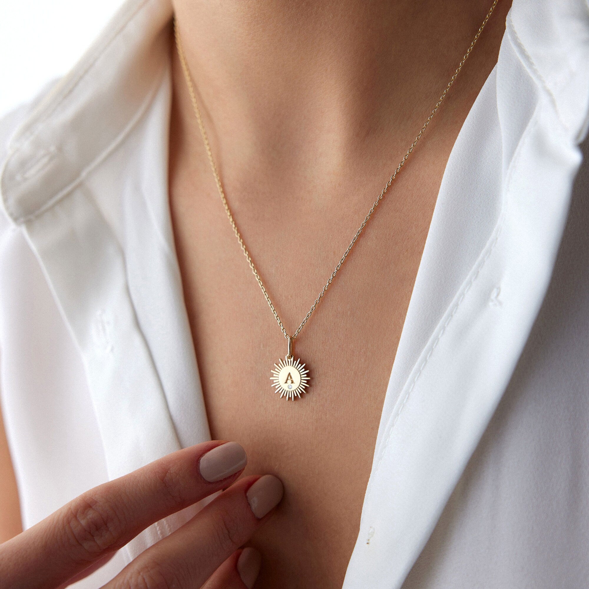 Sunburst Birthstone Initial Pendant Necklace in 14K Gold