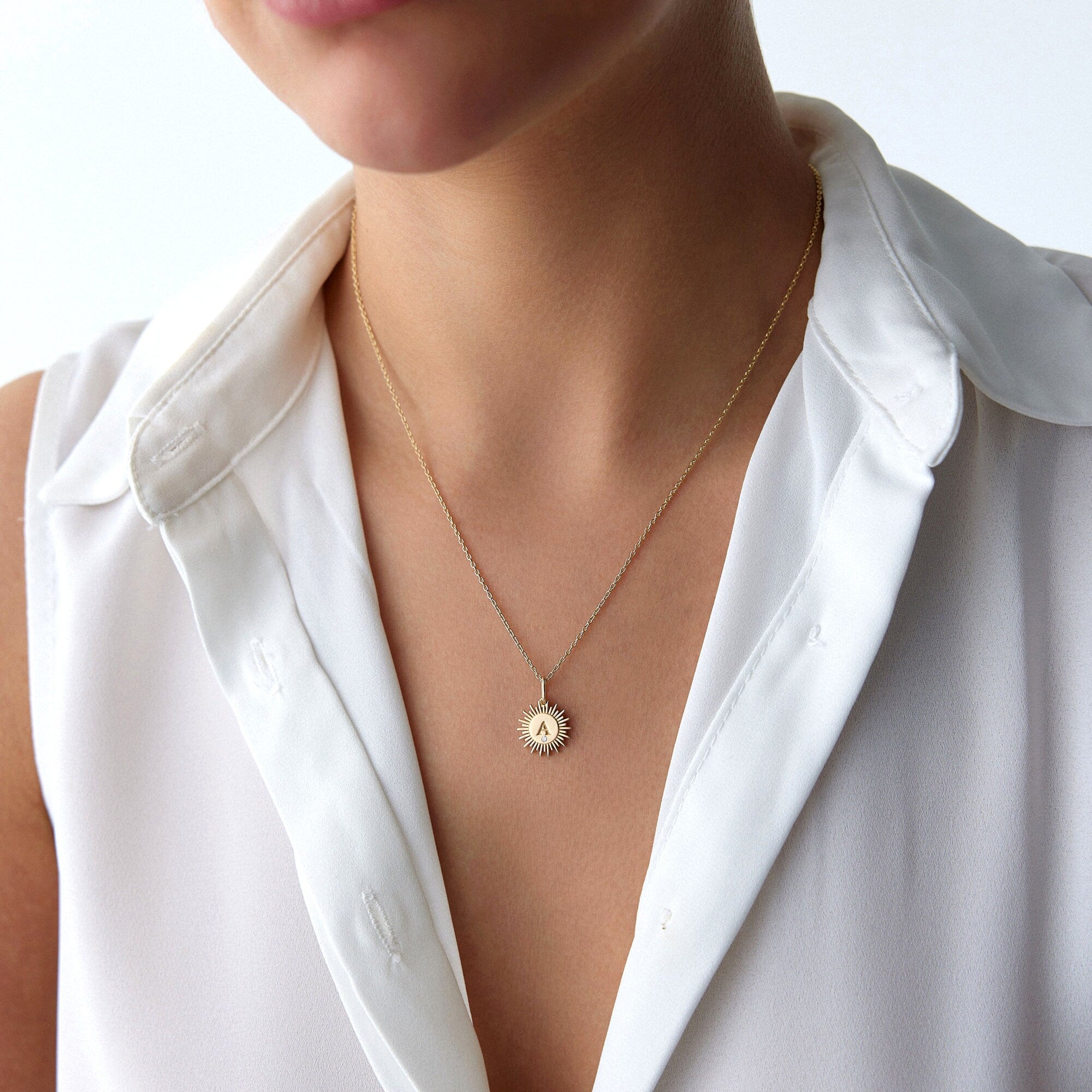 Sunburst Birthstone Initial Pendant Necklace in 14K Gold