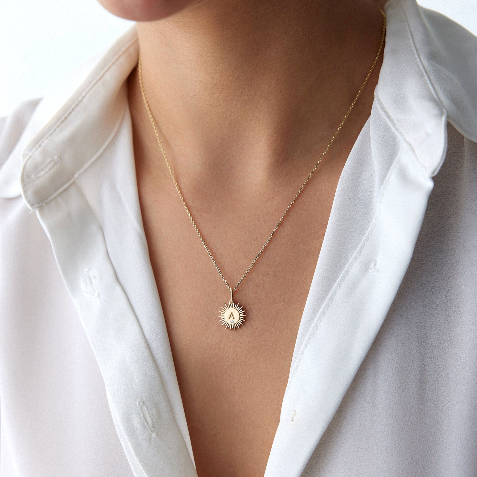 Sunburst Birthstone Initial Pendant Necklace in 14K Gold