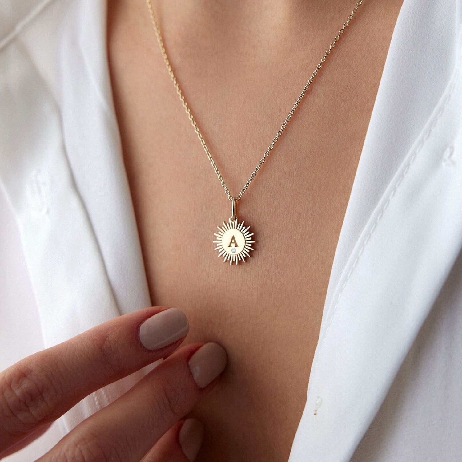 Sunburst Birthstone Initial Pendant Necklace in 14K Gold
