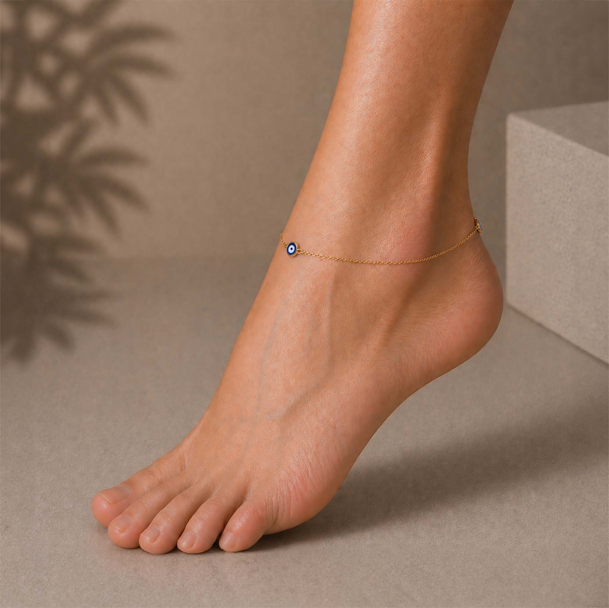 Three Navy Blue Evil Eye Anklet in 14K Gold