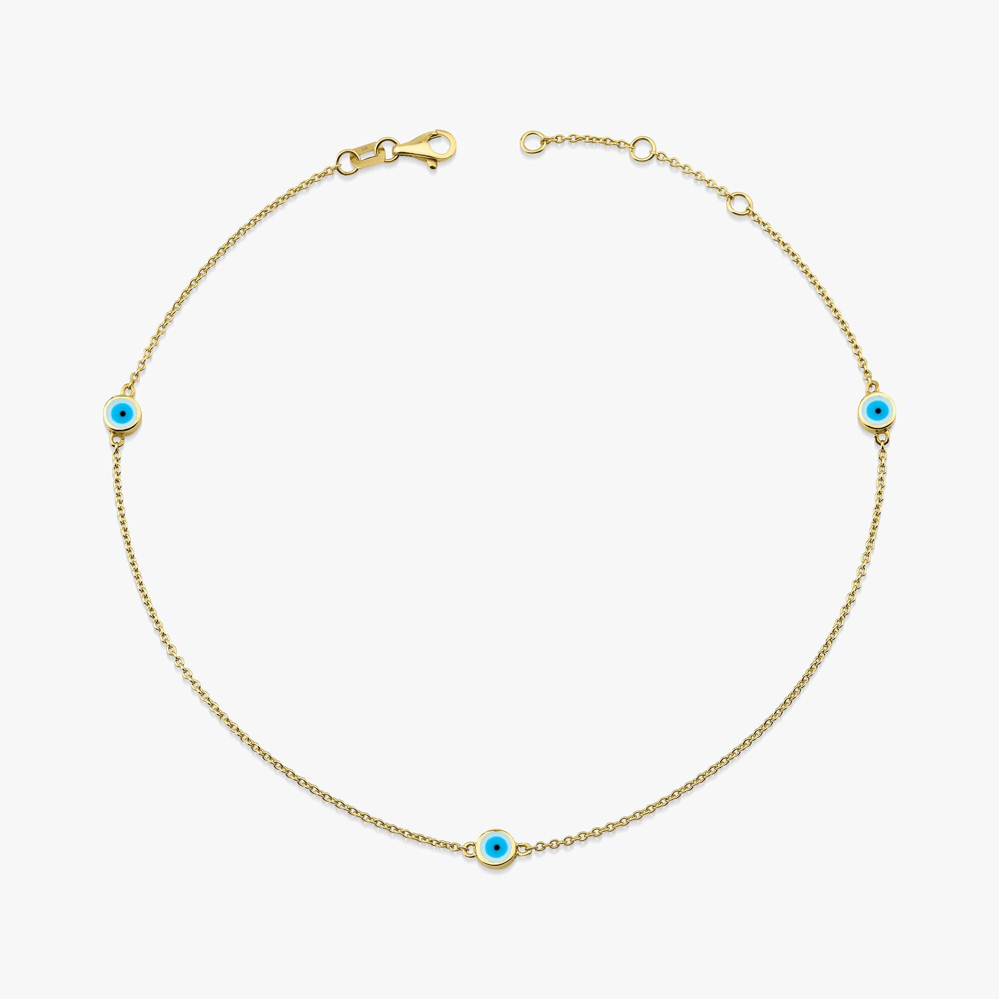 Three White Evil Eye Anklet in 14K Gold