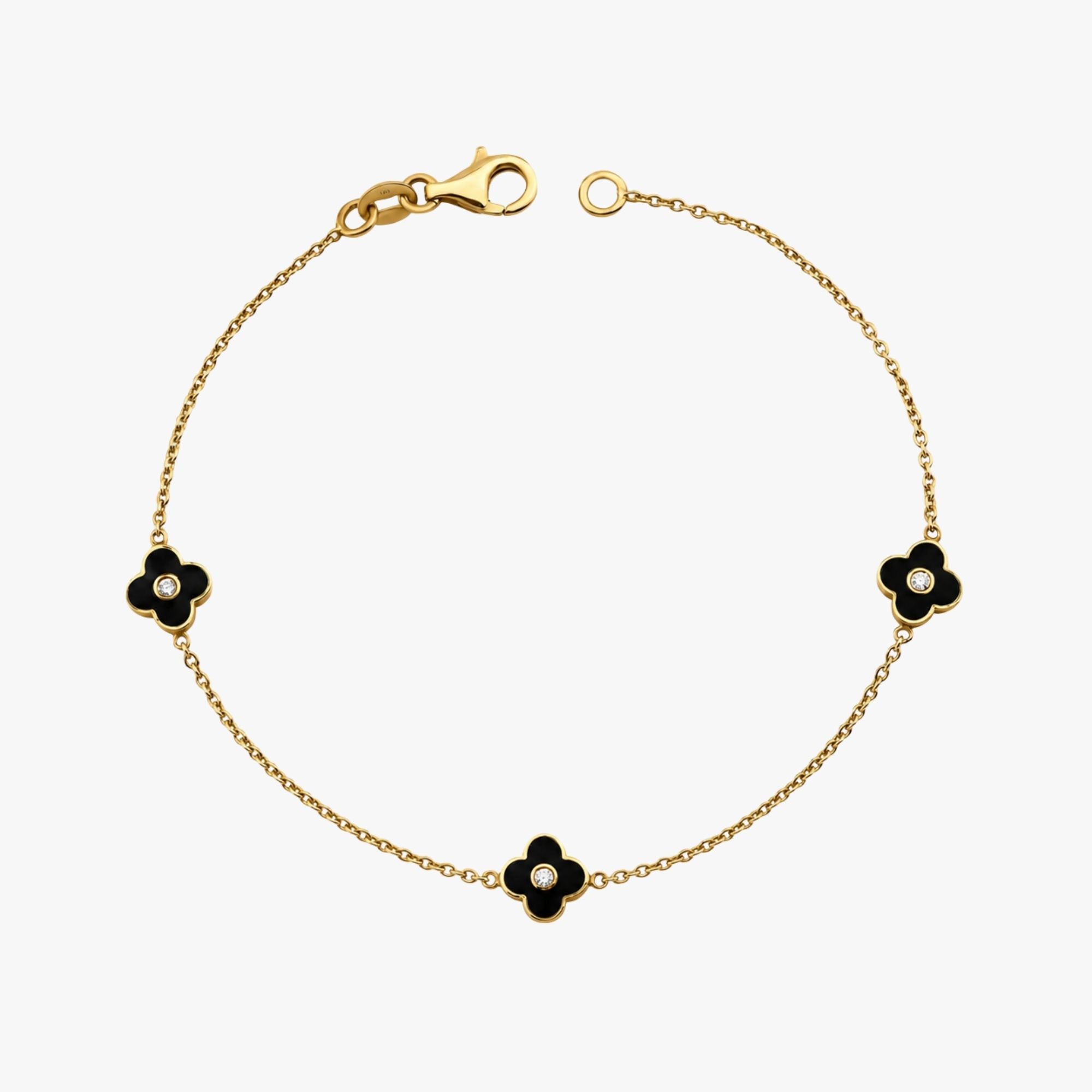 Mini Diamond Inlaid Black Clover Bracelet With 3 Clovers in 14K Gold