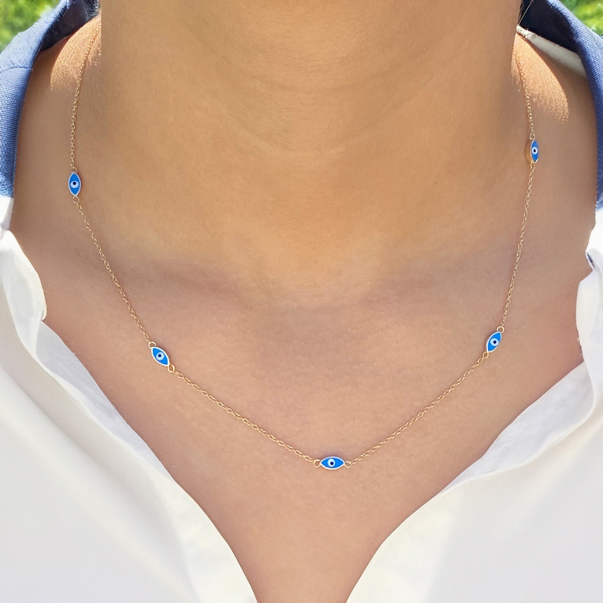 Evil Eye Station Necklace in 14K Gold