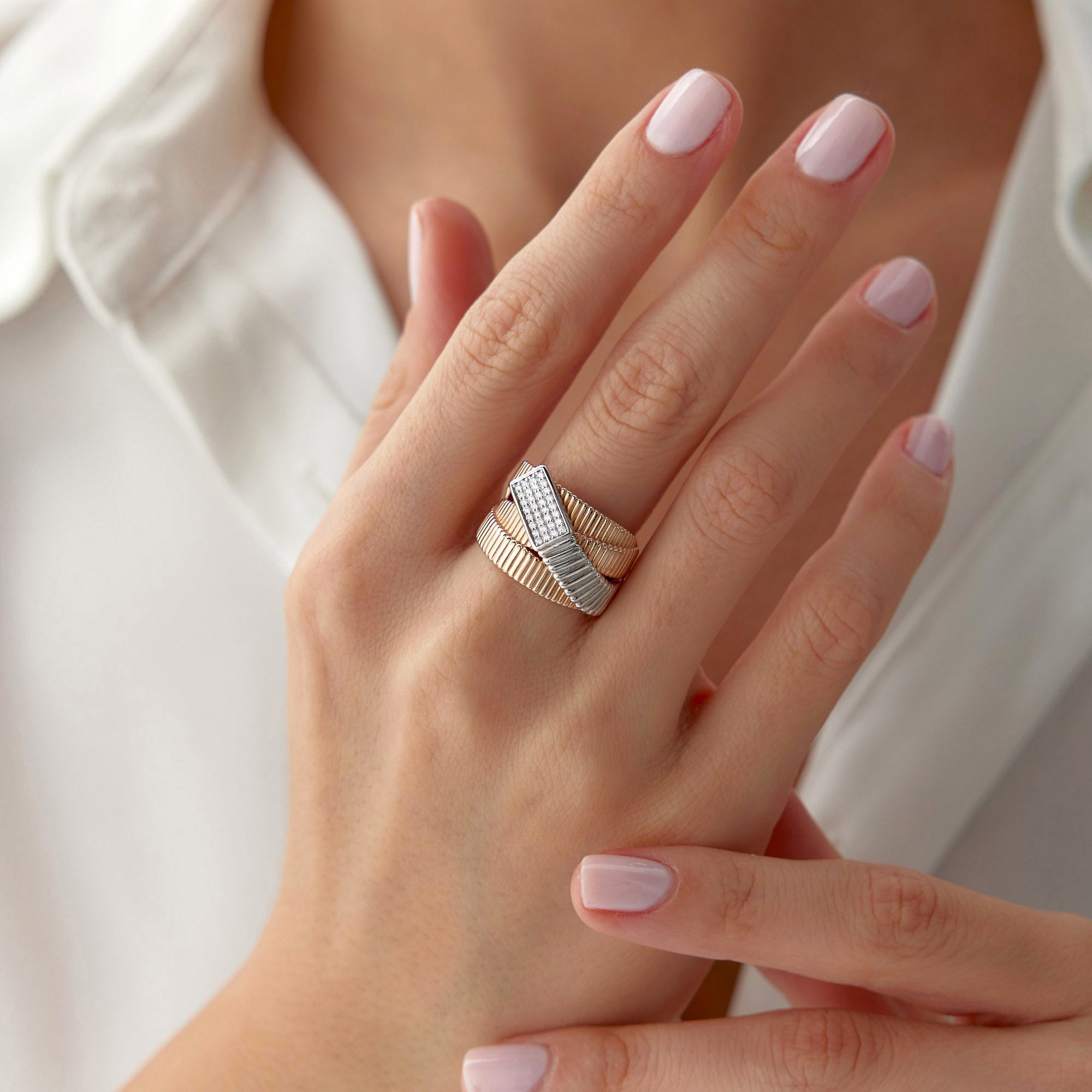 Two Tone Diamond Modern Crossover Ring in 14K Gold