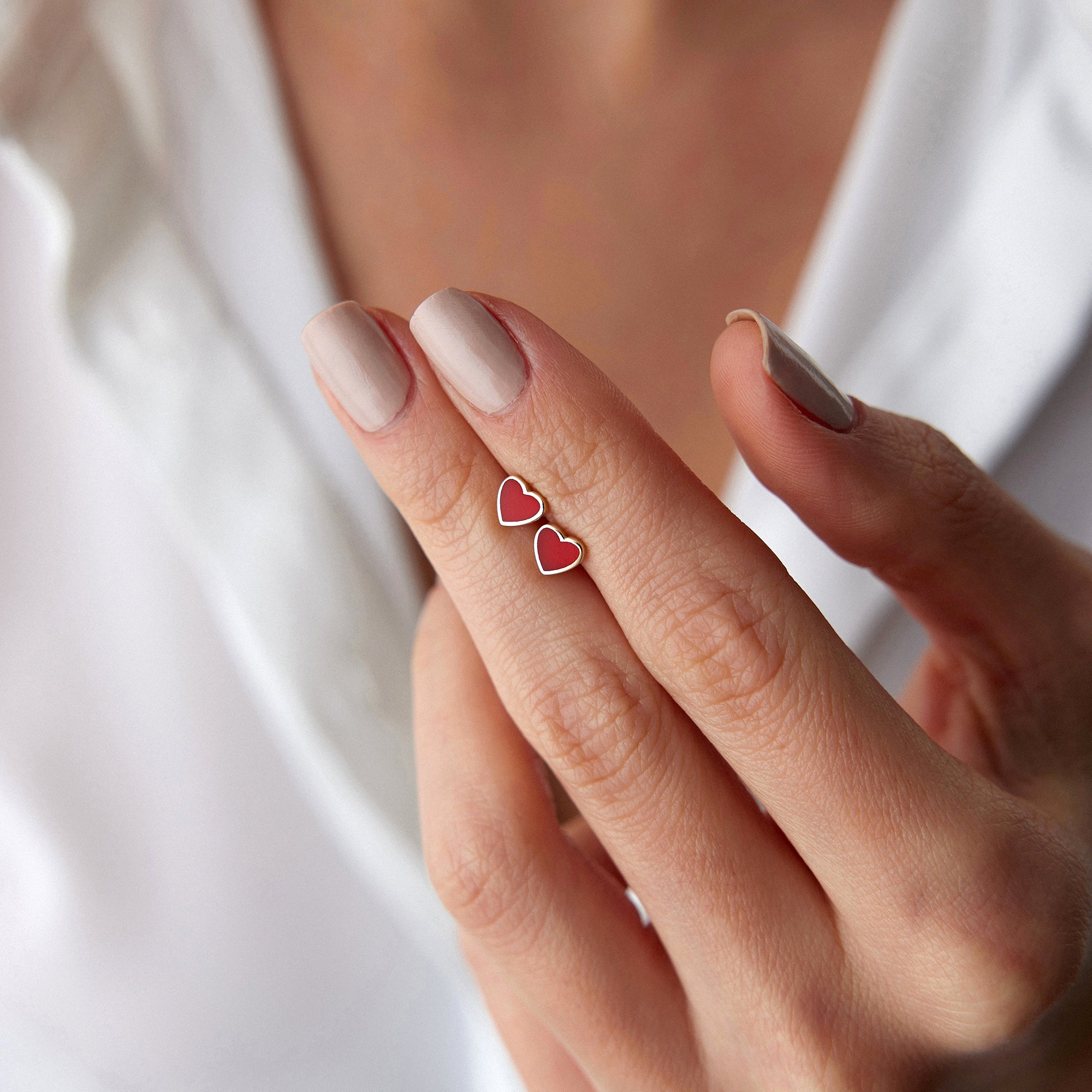 Mini Red Heart Stud Earrings in 14K Gold