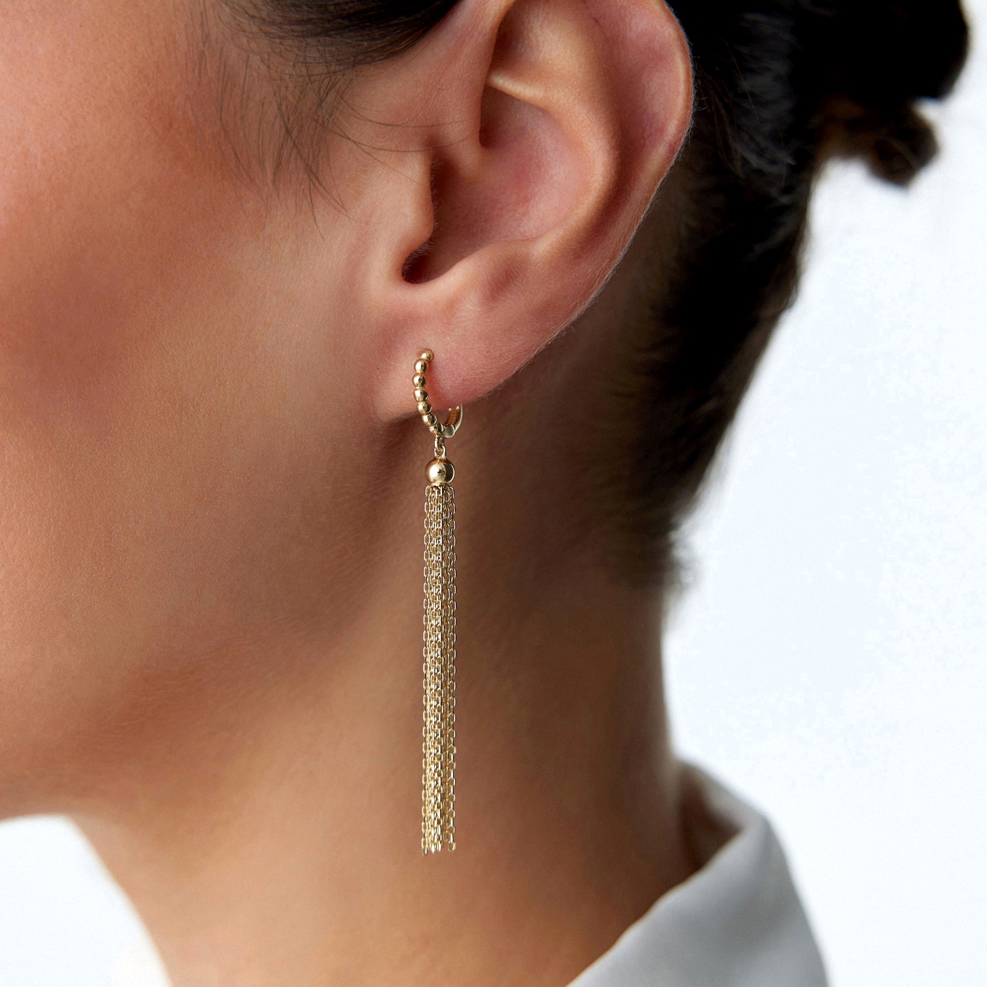 14K Gold Chain Tassel Hoop Earrings