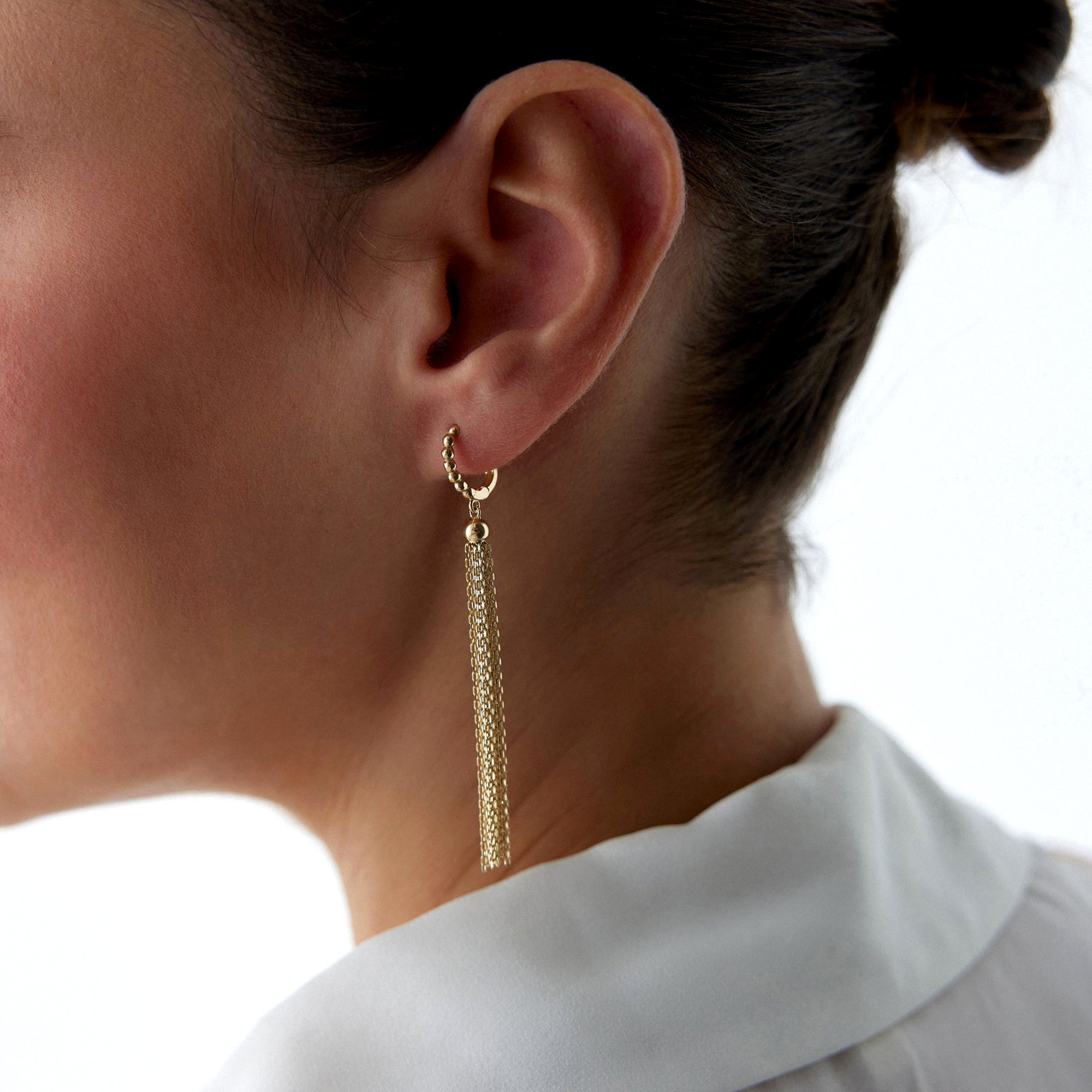 14K Gold Chain Tassel Hoop Earrings