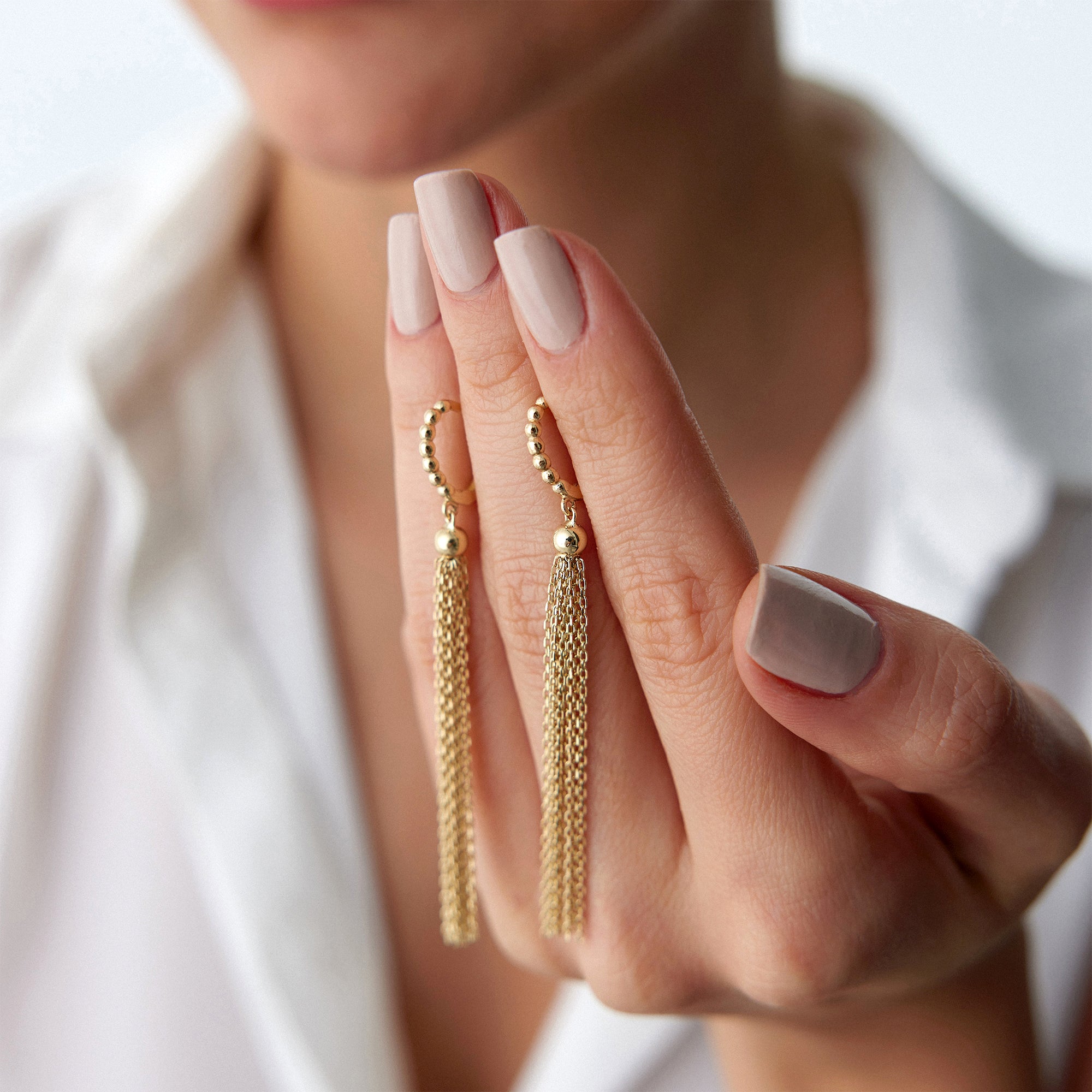 14K Gold Chain Tassel Hoop Earrings