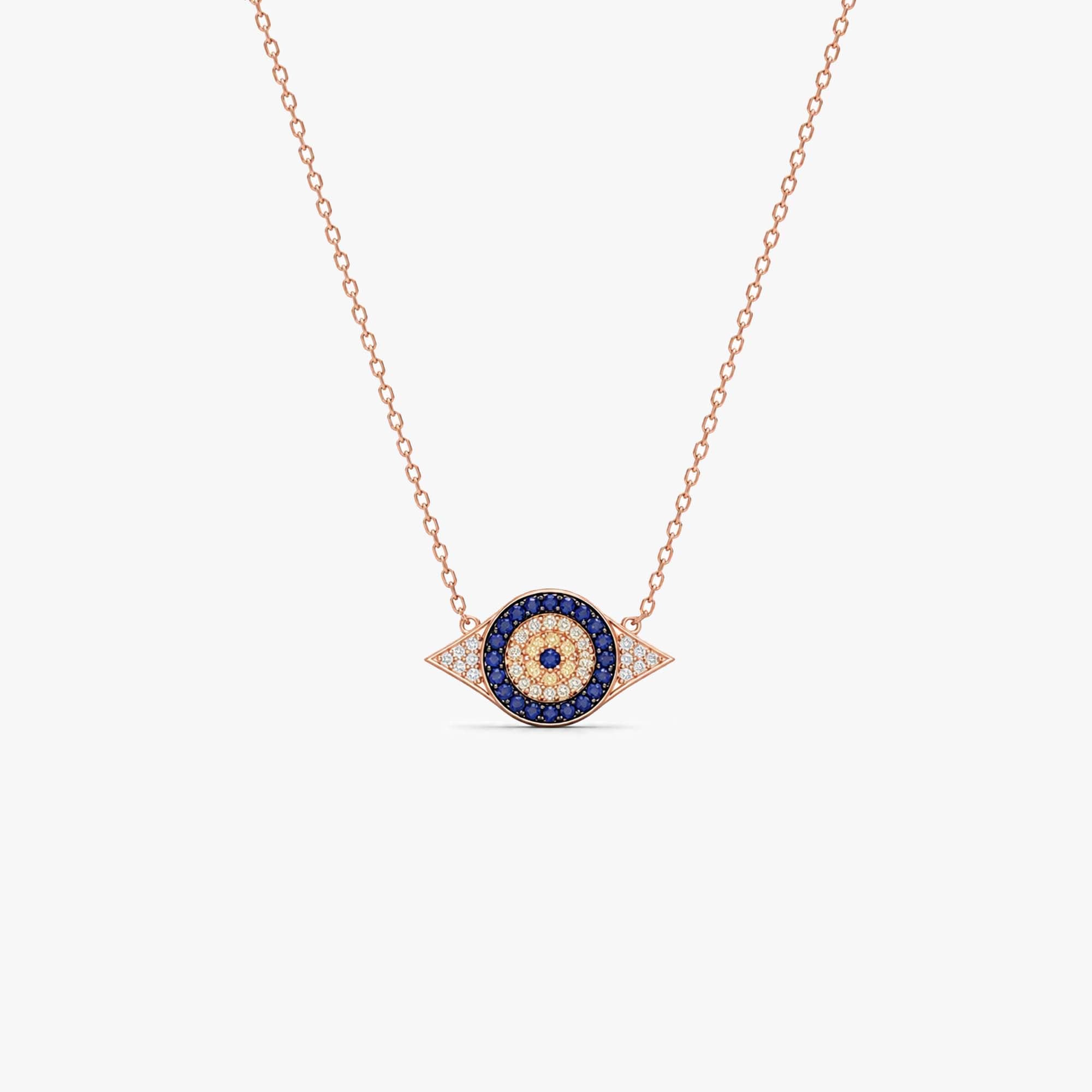 Art Deco Style Sapphire and Diamond Evil Eye Necklace in 14K Gold