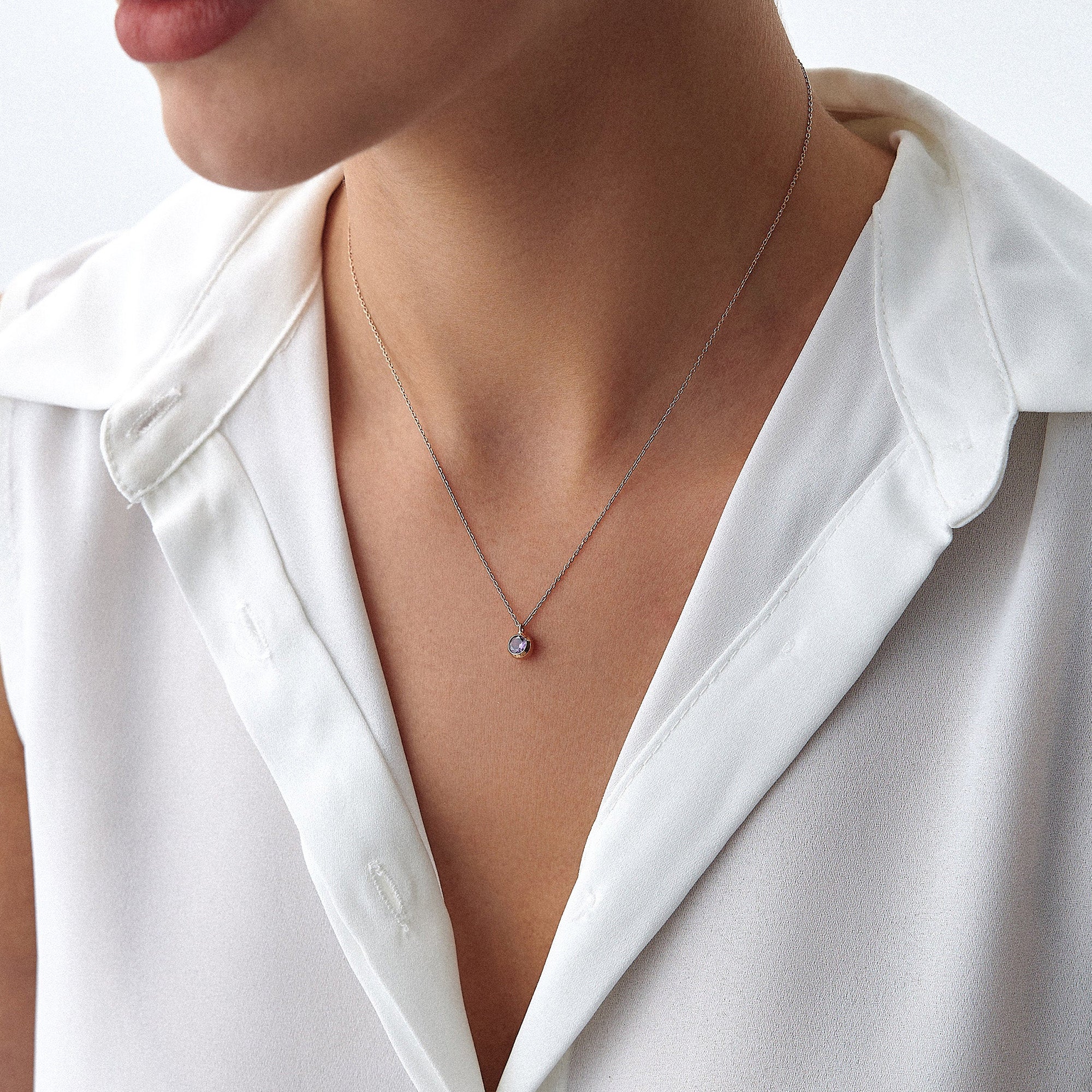 Bezel Set Amethyst Necklace in 14K Gold