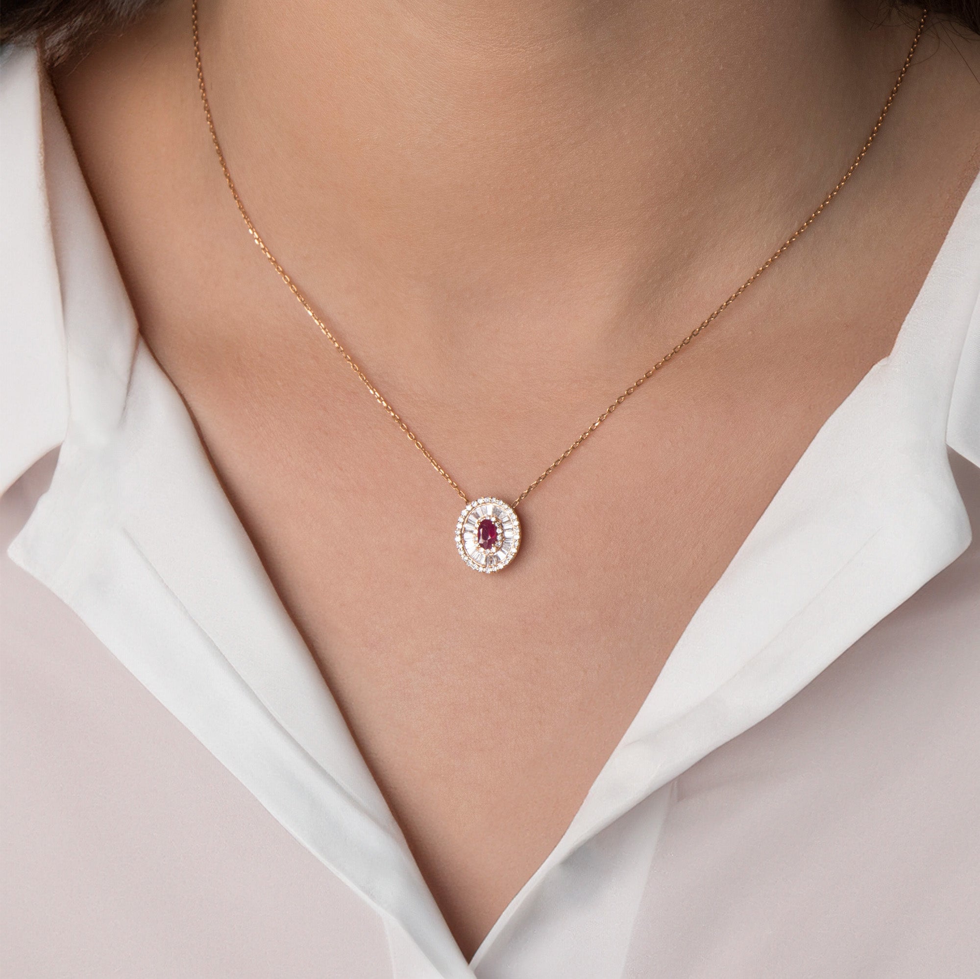 Eternal Ruby Necklace with Baguette and Round Cut Diamonds in 18K Gold