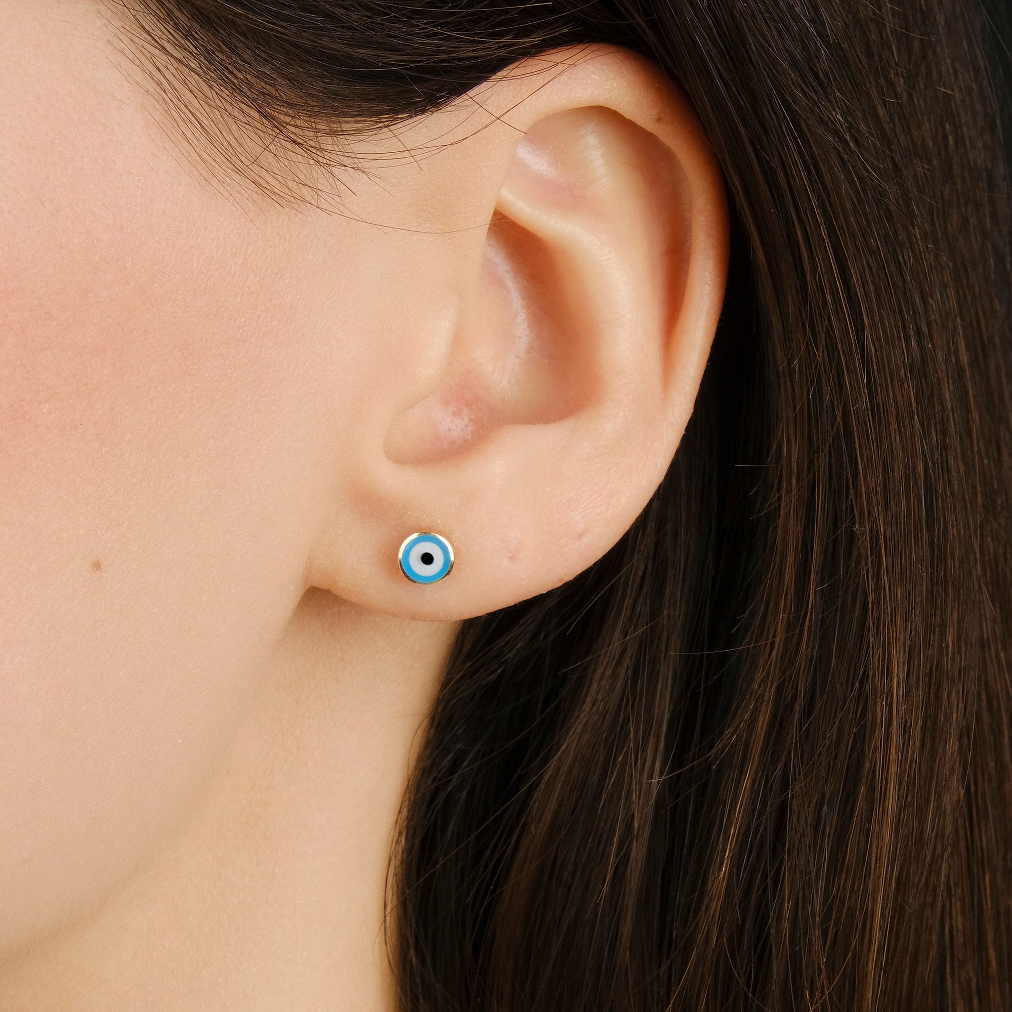 Minimal Ocean Blue Evil Eye Stud in 14K Gold