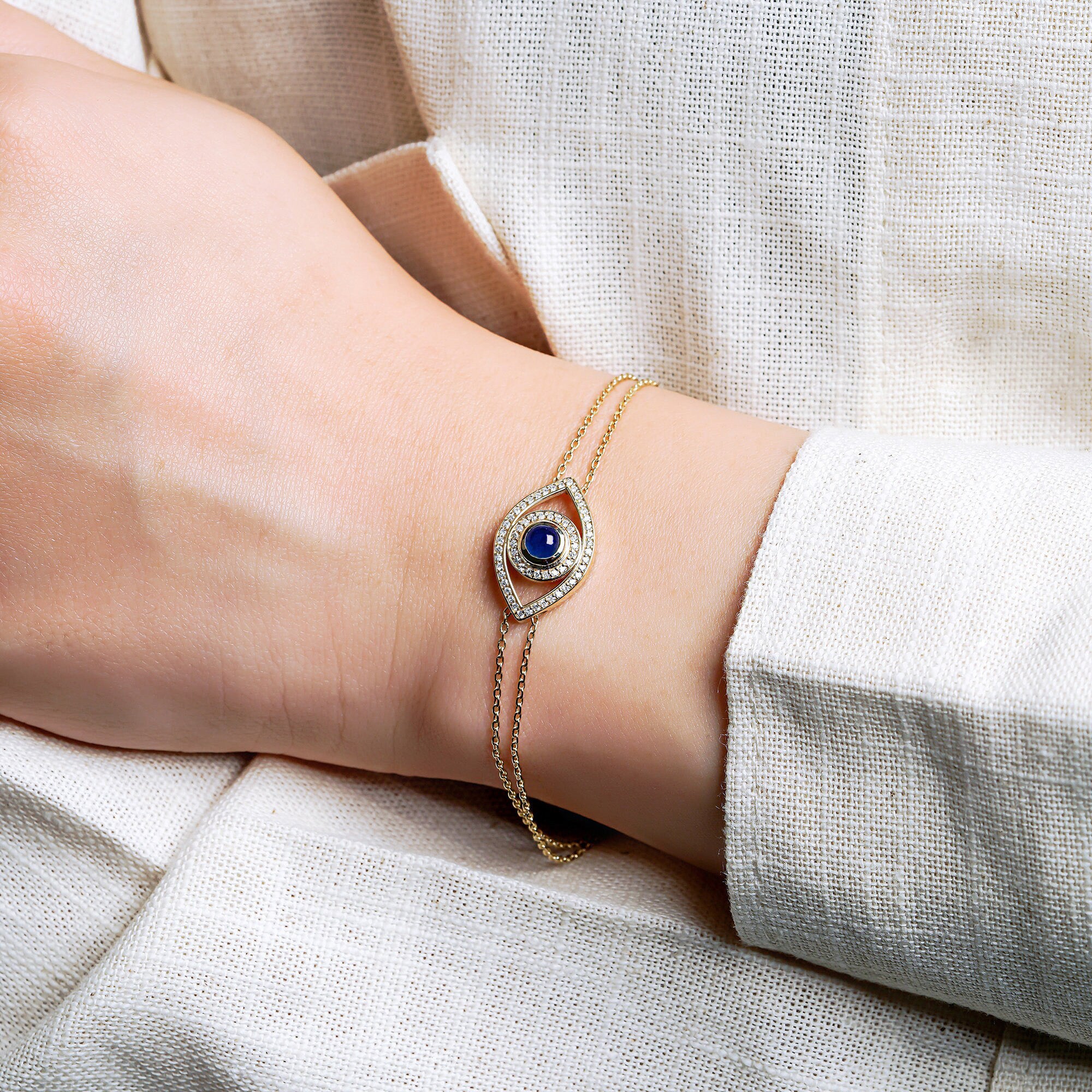 Blue Sapphire and Diamond Evil Eye Bracelet / Medium