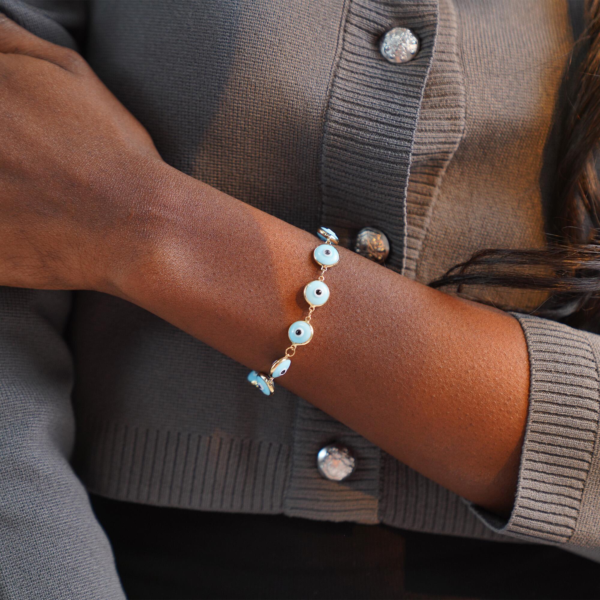 Baby Blue Evil Eye Bracelet in 14K Gold