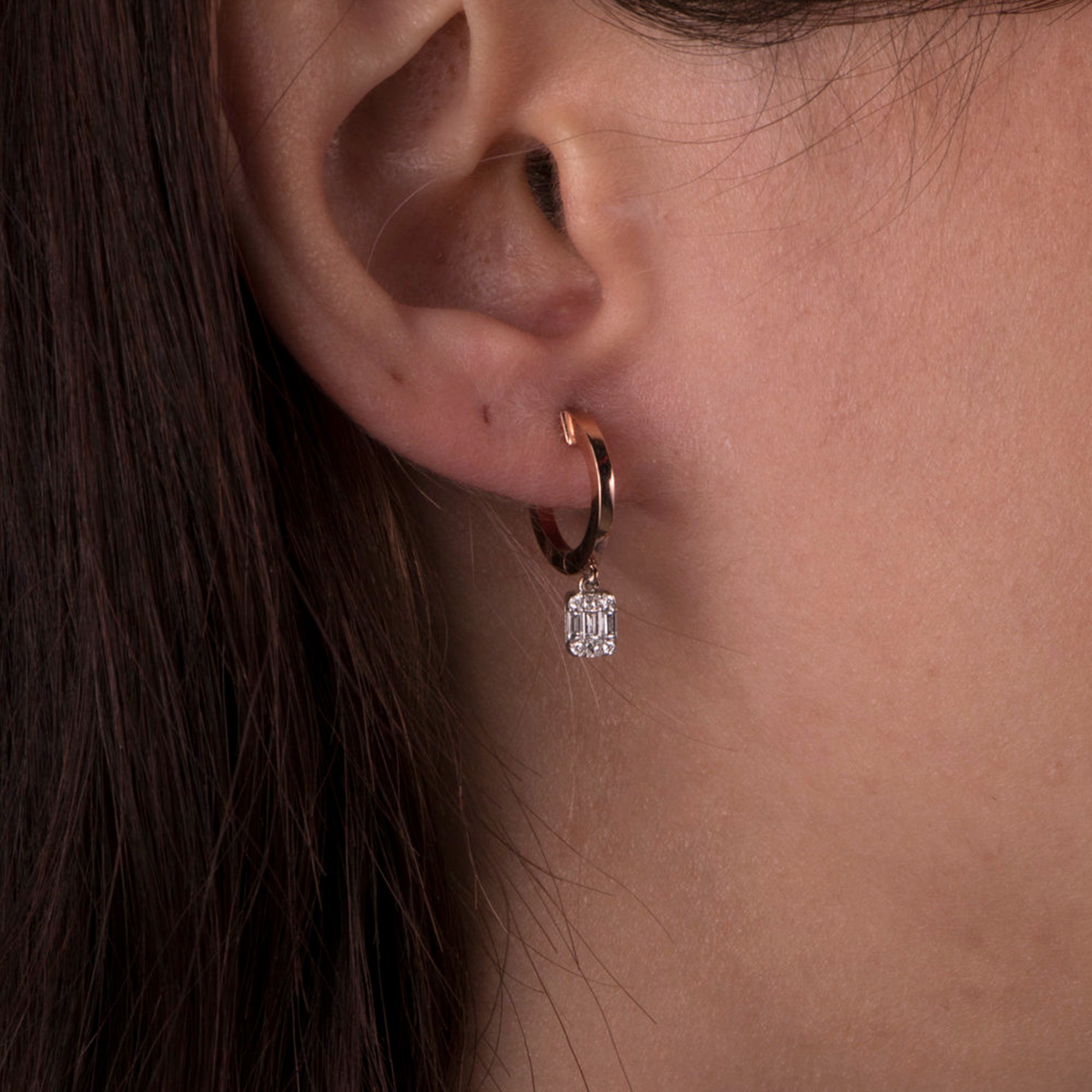 Minimal Baguette Dangle Hoops in 14K Gold