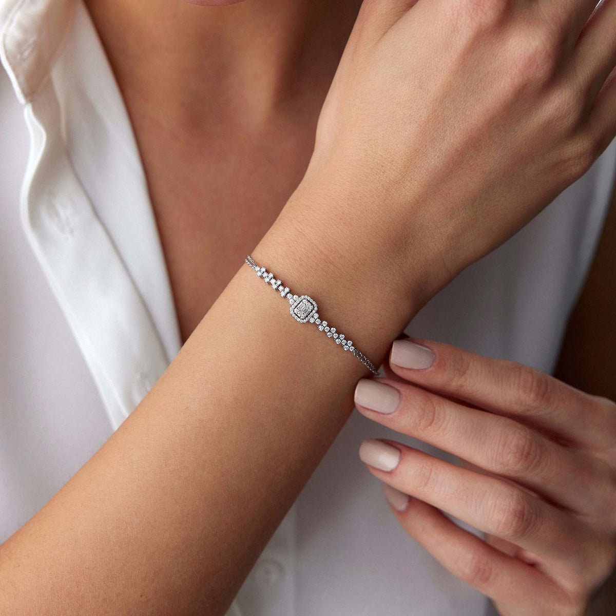 Double Chain Baguette Diamond Bracelet in 14K Gold