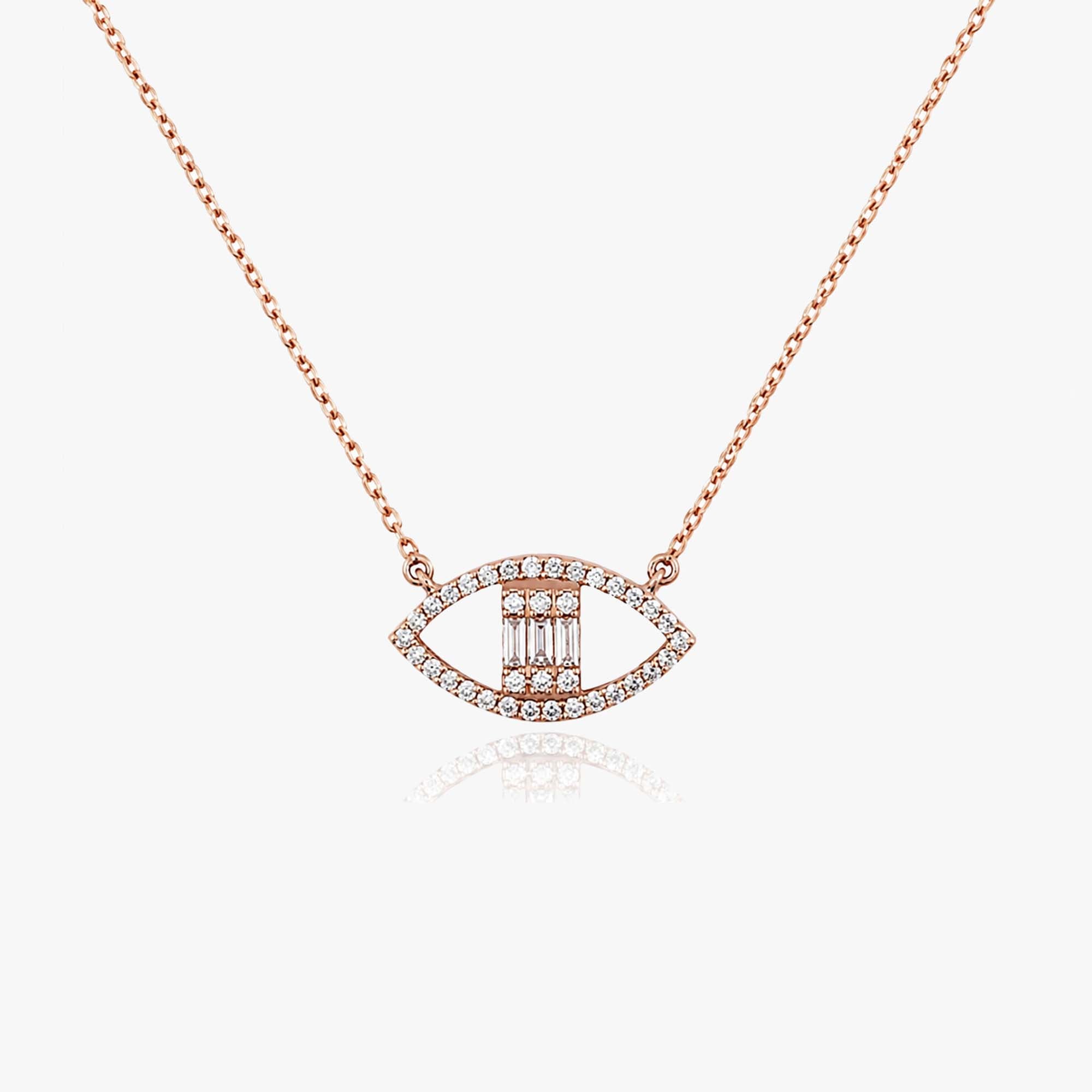 Classic Baguette Diamond Evil Eye Necklace 14K Gold