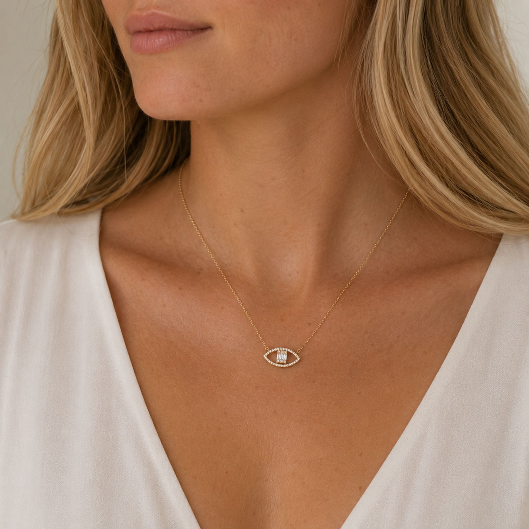Classic Baguette Diamond Evil Eye Necklace 14K Gold