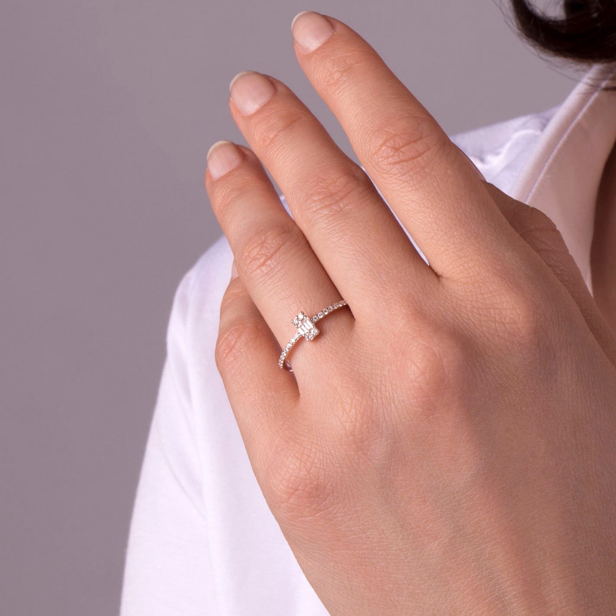 Minimal Baguette Center Half Eternity Ring in 14K Gold