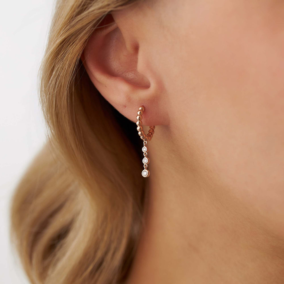 Beaded Diamond Drop Hoops in 14K Gold
