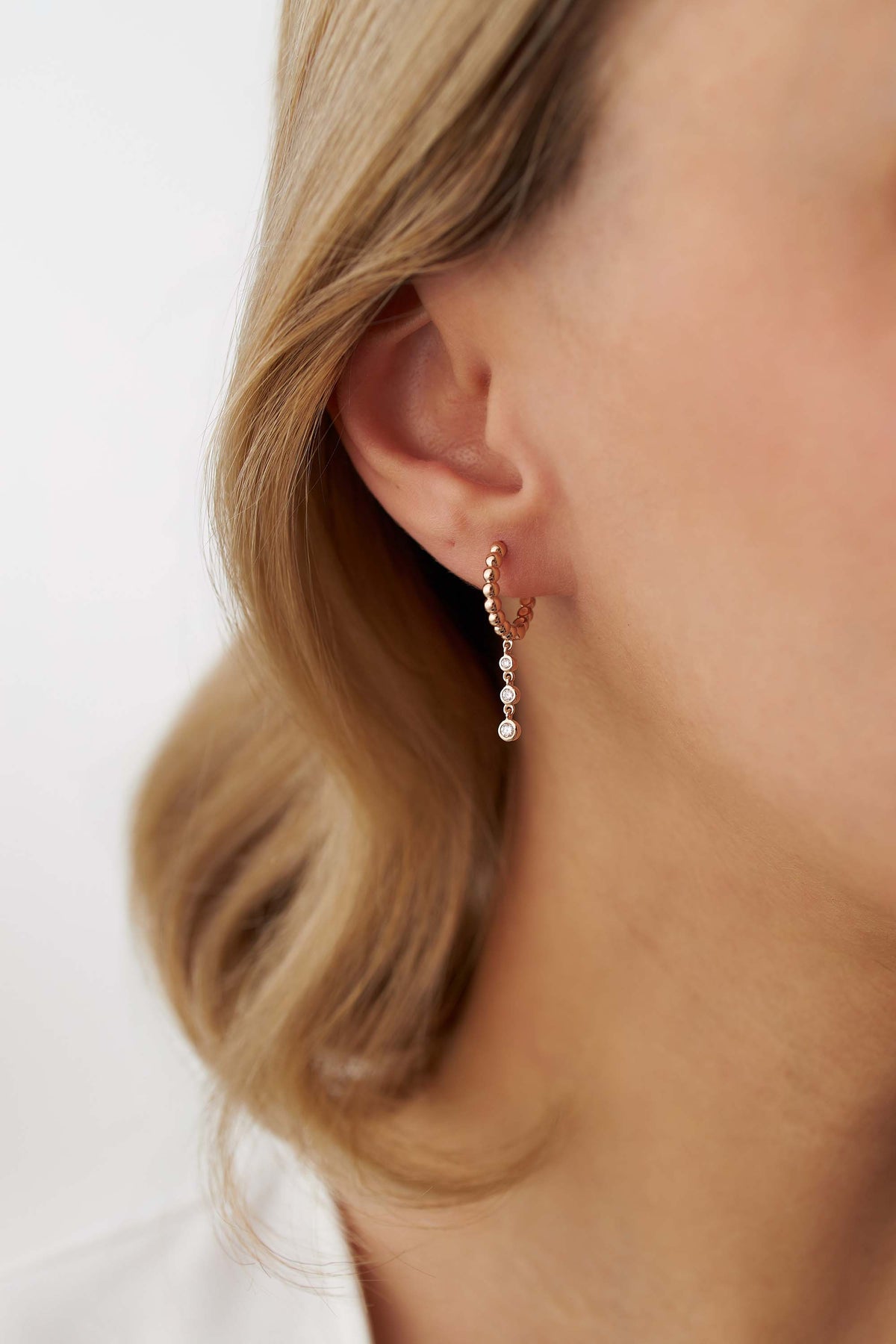 Beaded Diamond Drop Hoops in 14K Gold