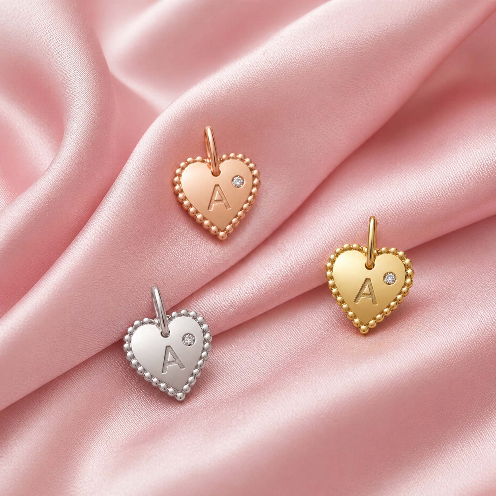 Mini Birthstone Beaded Heart Initial Pendant in 14K Gold