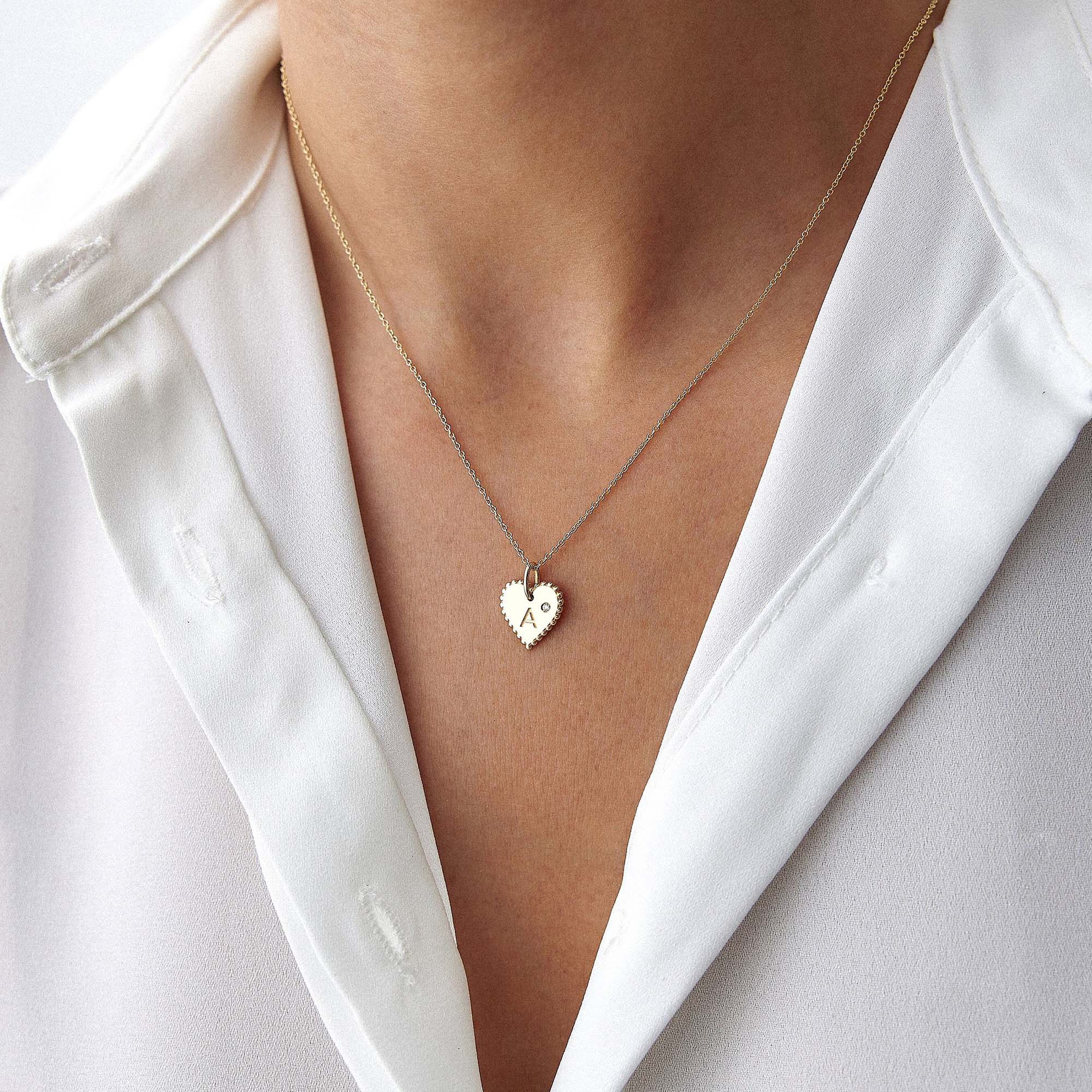 Mini Birthstone Beaded Heart Initial Pendant in 14K Gold