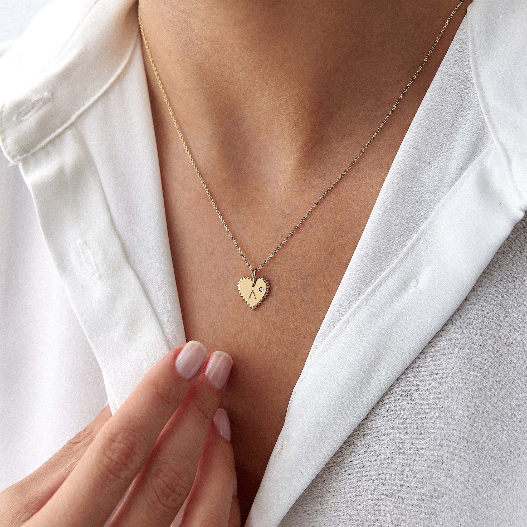 Mini Birthstone Beaded Heart Initial Pendant in 14K Gold