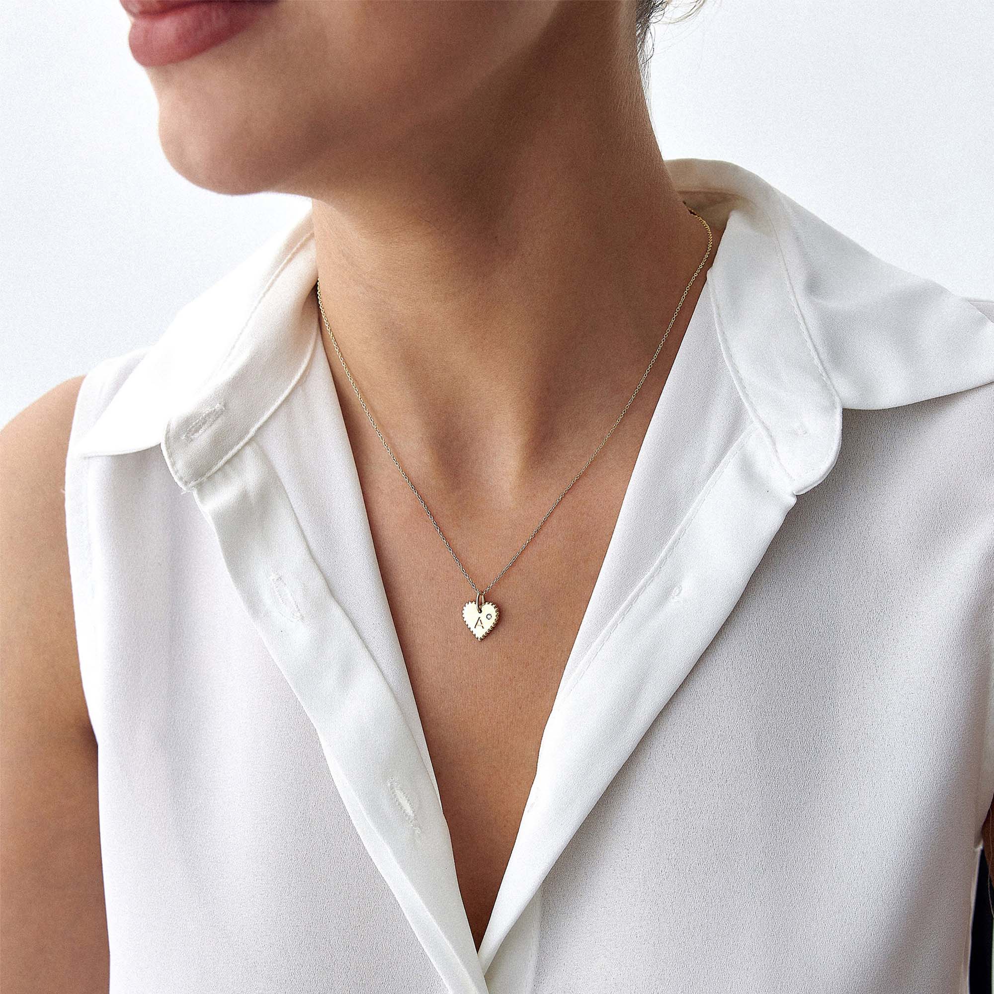 Mini Birthstone Beaded Heart Initial Pendant in 14K Gold