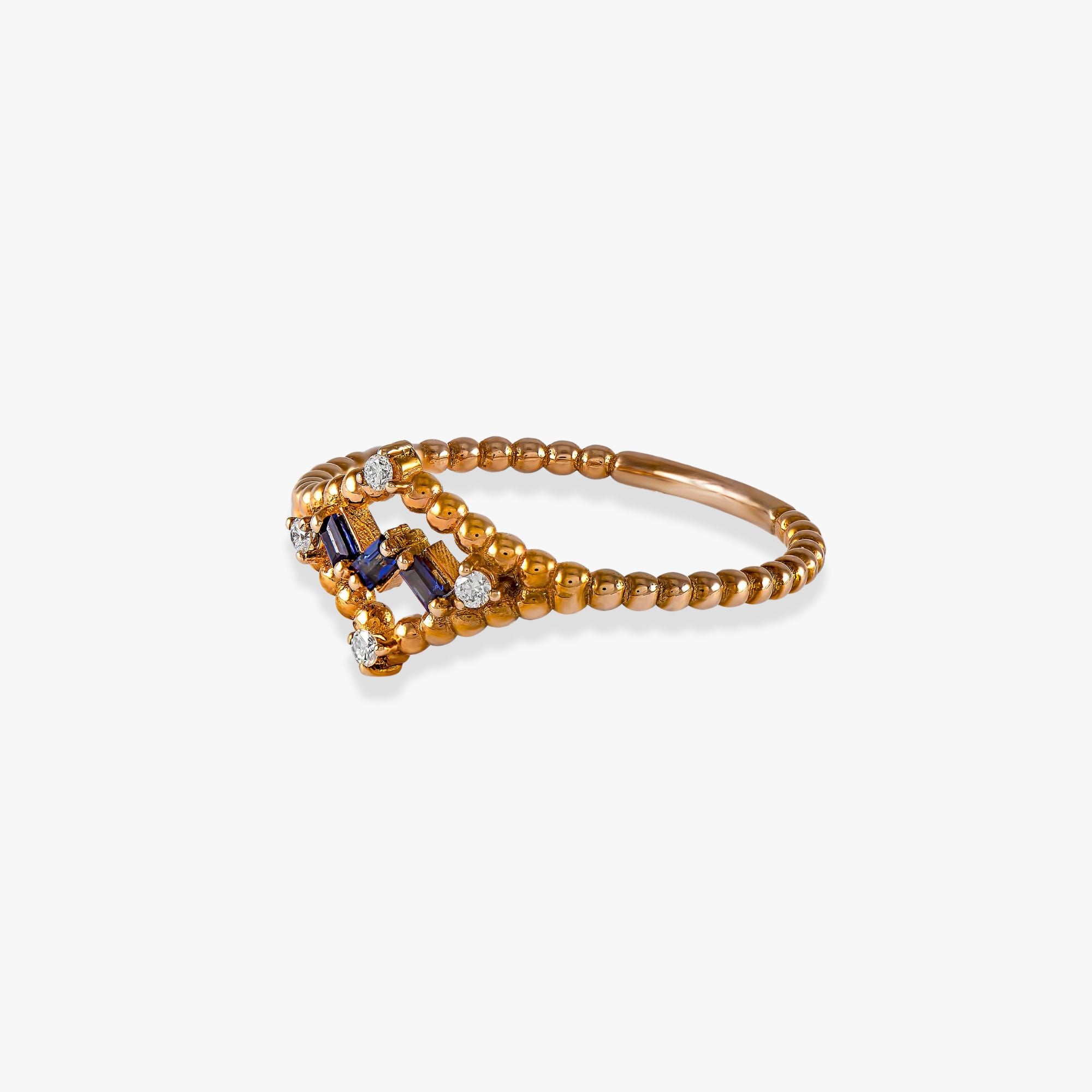 Minimal Beaded Sapphire and Diamond Ring in 14K Gold
