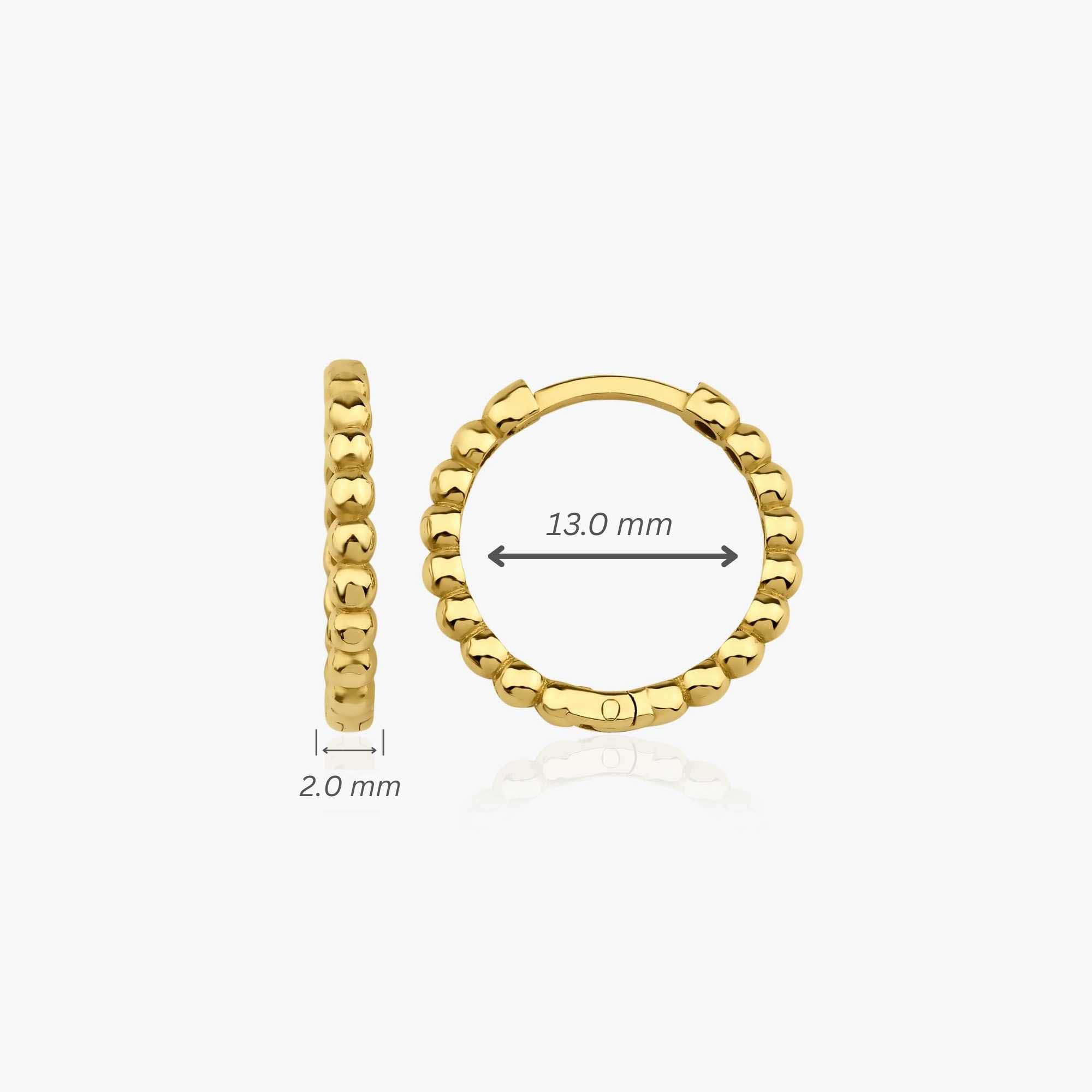 Gold hoop earrings with measurements on a white background
