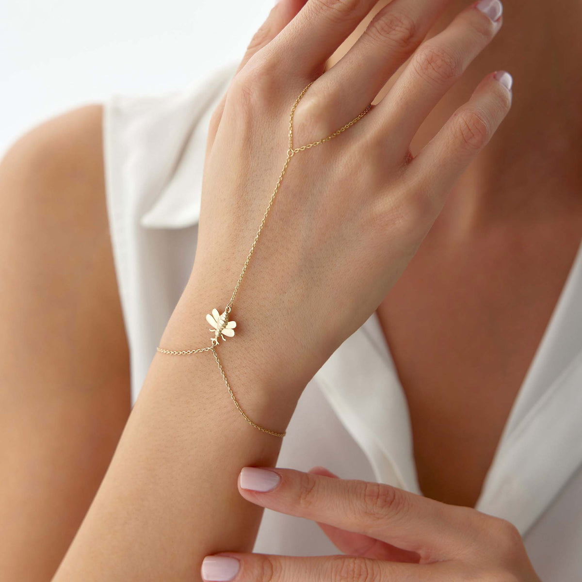 Bee Hand Chain Bracelet in 14K Gold