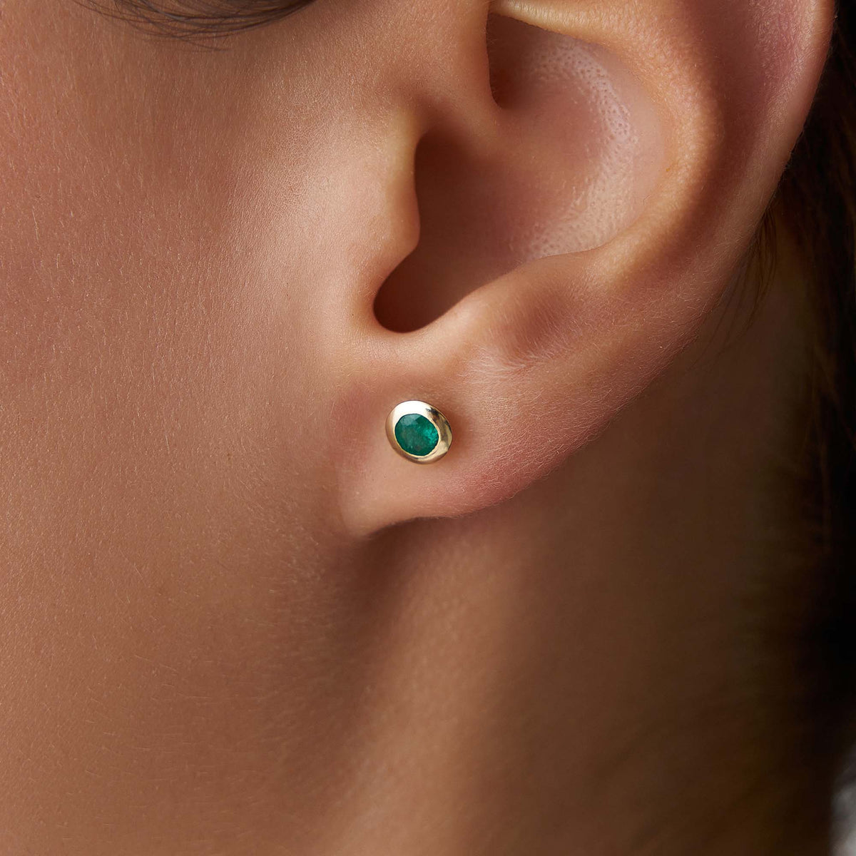 Mini Bezel Set Emerald Studs in 14K Gold