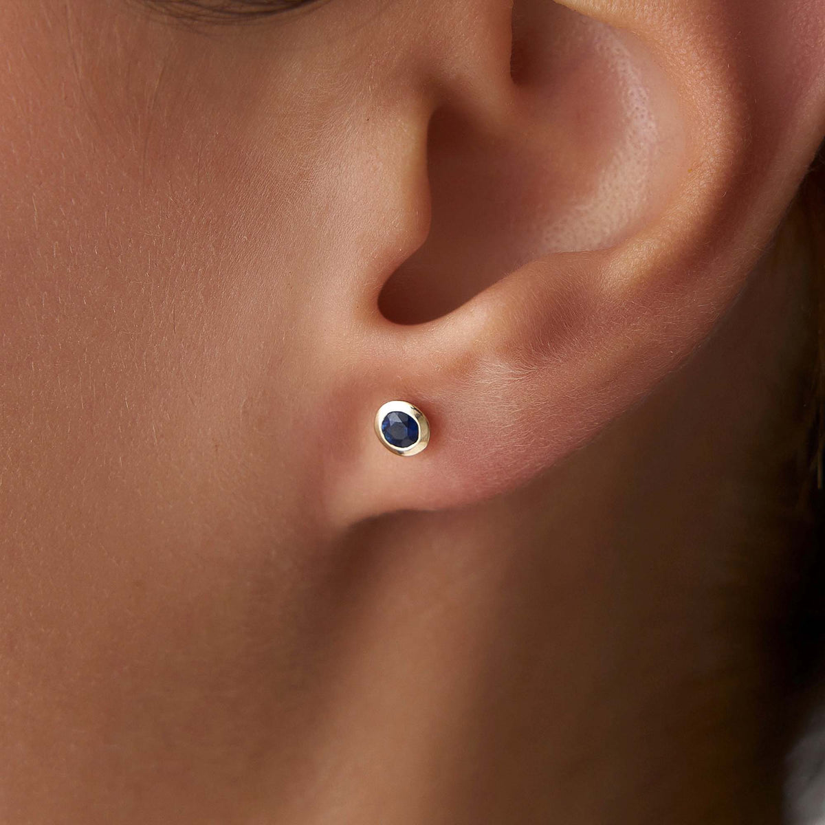 Mini Bezel Set Blue Sapphire Studs in 14K Gold